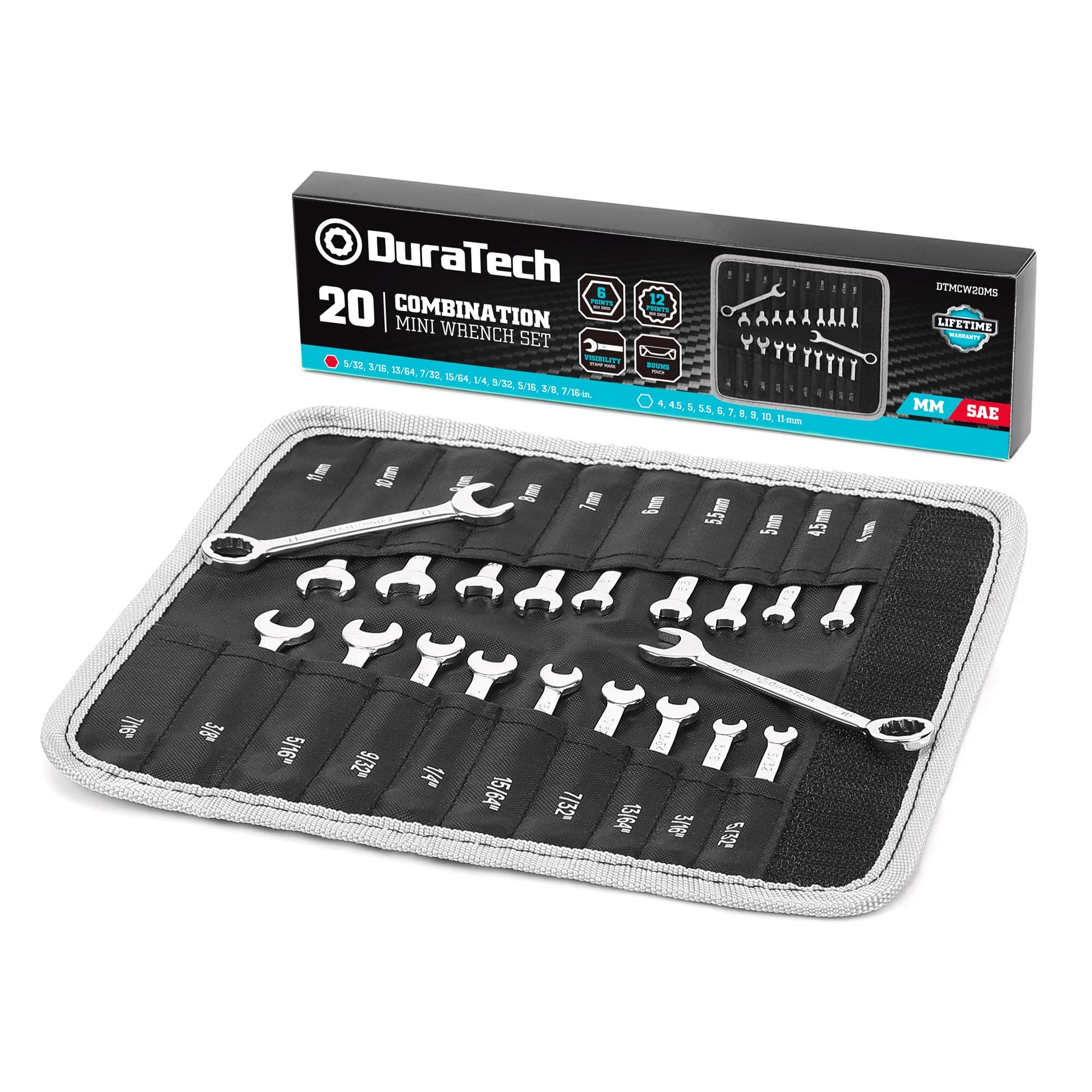 DURATECH Midget Wrench Set, Mini Combination Wrench Set, Metric & SAE, 20-Piece, 4-11mm & 5/32' to 7/16', Lightweight, with Rolling Pouch