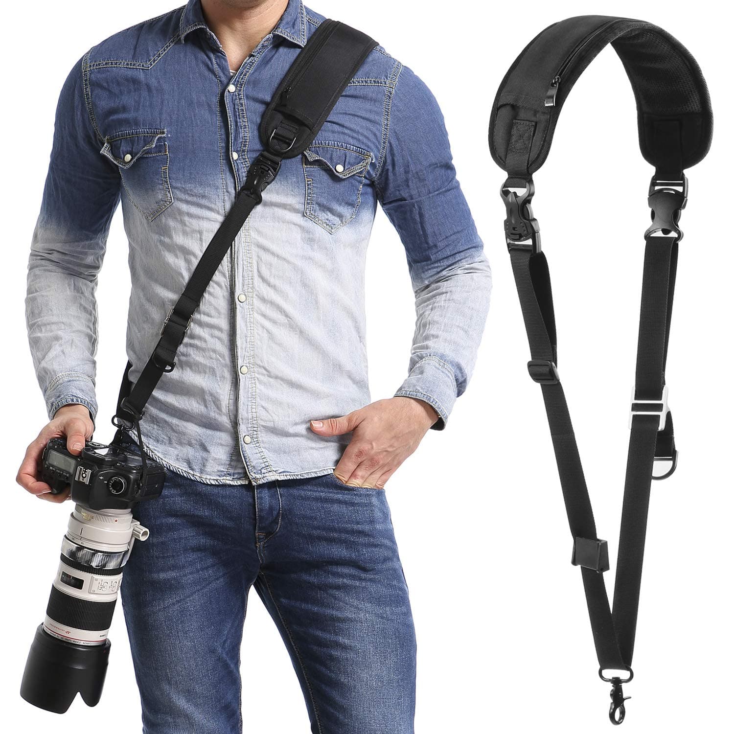 Rapid Adjustable Camera Neck Strap with Quick Release and Safety Tether-Black
