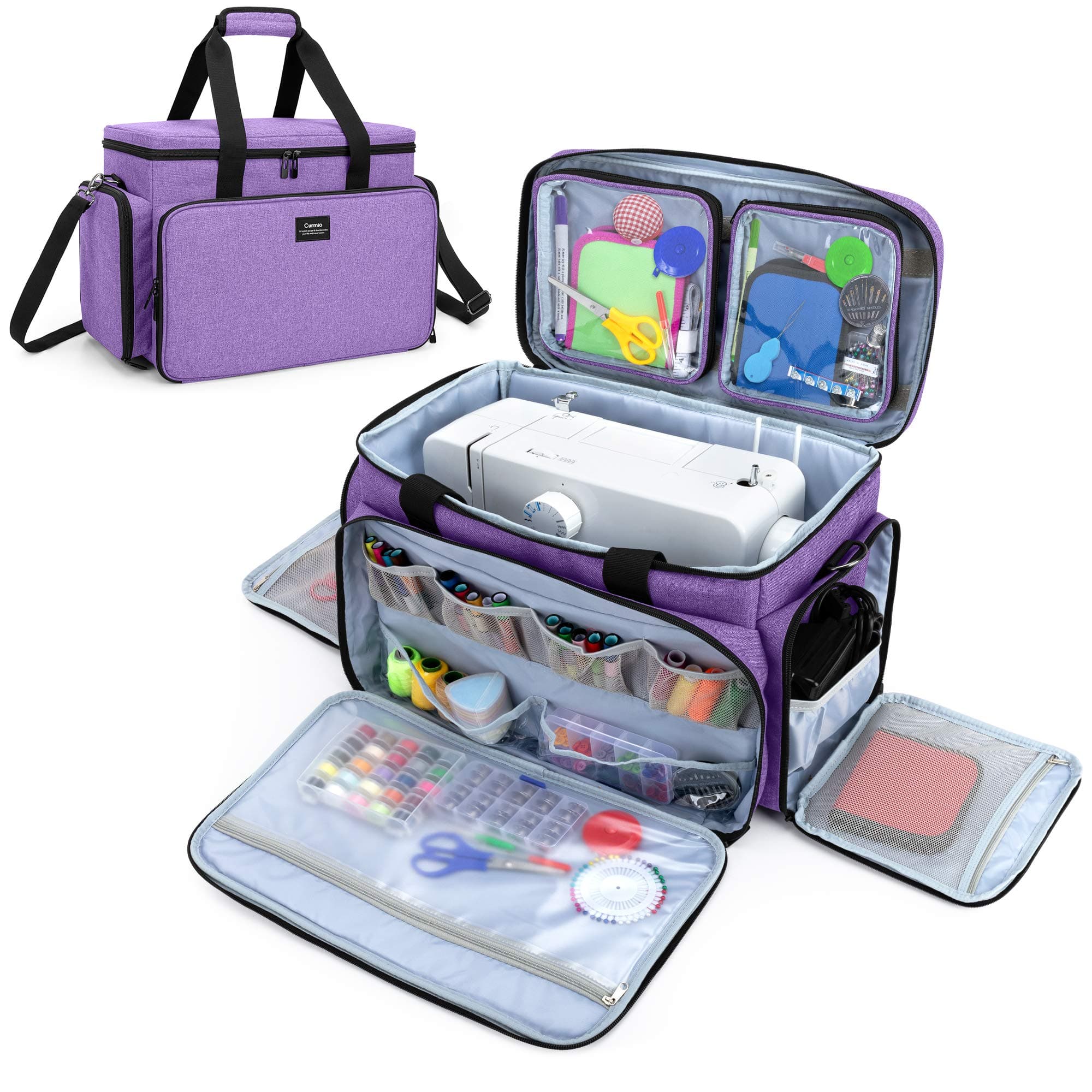 Sewing Machine Carrying Case for Most Standard Sewing Machine, Universal Travel Tote Bag with 2 Removable Transparent Zipper Pouches for Sewing Supplies, Purple (Patented Design)