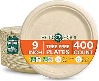 ECO SOUL Compostable Paper Plates 9 Inch, 400 Pack – Heavy Duty Disposable Dinner Paper Plates, Natural Bagasse, Leak-Resistant, Microwave Safe, Eco-Friendly Round Plates for Parties & Catering