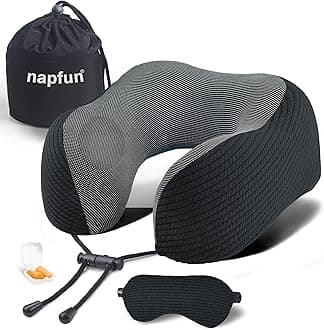 Neck Pillow for Travel with Travel Pouch, Sleep Mask & Earplugs, Memory Foam Airplane Pillow for Headrest Sleep with Eyeshades, Plane Essentials with Eye Blindfold, Black Striped Kit