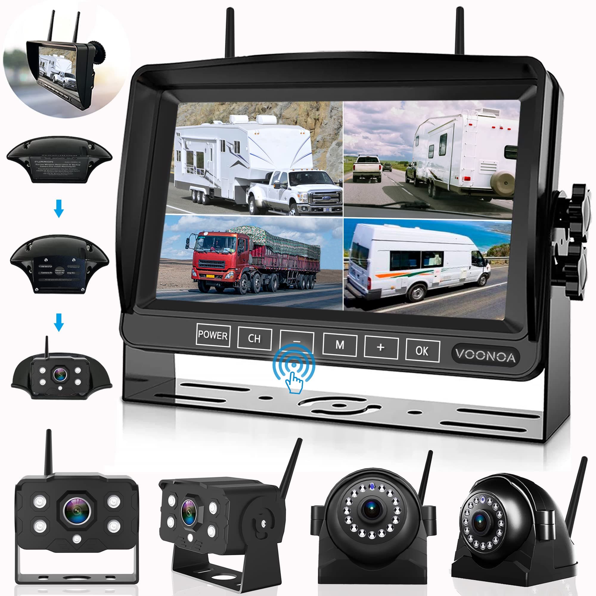 1080P Wireless RV Camera System, IP69 Waterproof Night Vision Backup Camera Side Rear View Camera with 7 Inch HD Monitor for RV Truck Trailer Camper