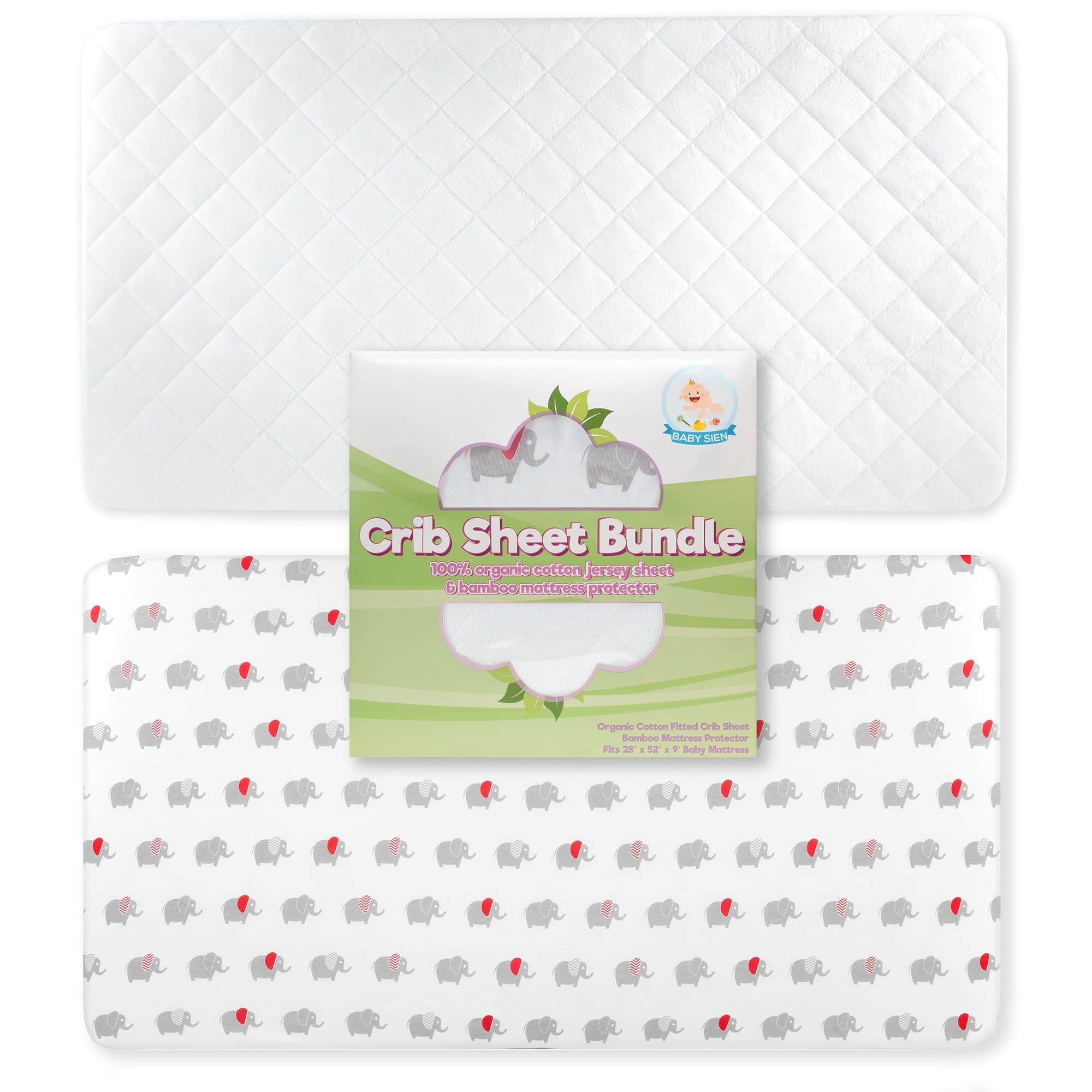 Crib Mattress Protector and Organic Sheets Combo : Soft Bamboo Woven Cover Pad with Baby Elephant Jersey Cotton Sheets, Hypoallergenic | Stain Mattress Protection