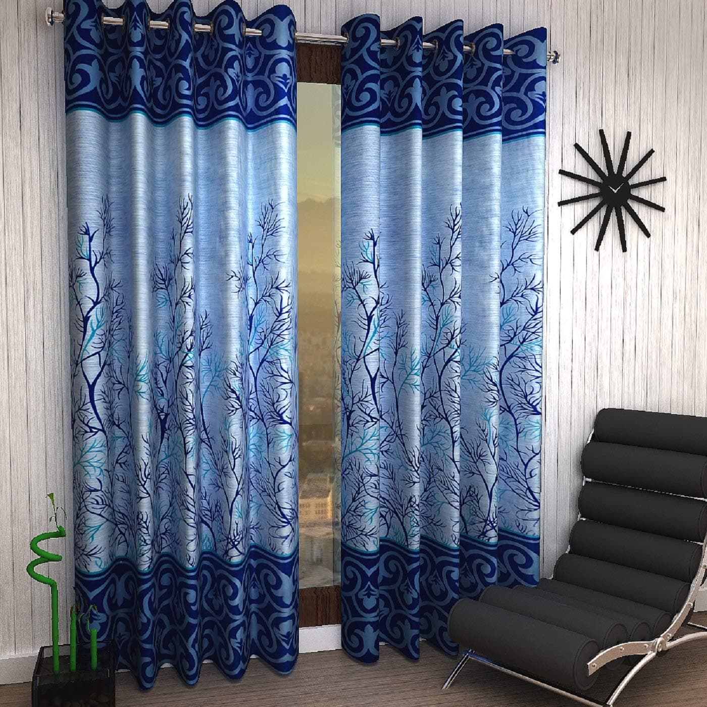 Home Sizzler 2 Piece Elegant Panel Eyelet Polyester Door Curtains - 7 Feet, Blue