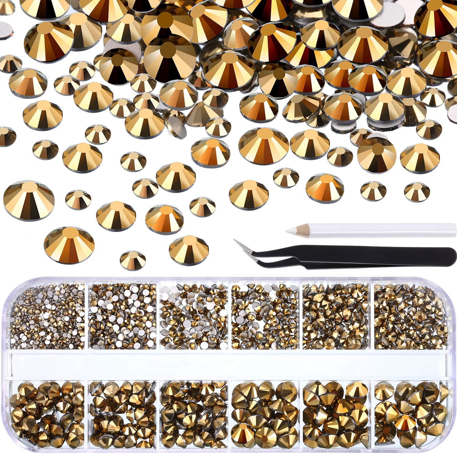 TecUnite 2000 Pieces Flat Back Gems Round Crystal Rhinestones 6 Sizes (1.5-6 mm) with Pick Up Tweezer and Rhinestones Picking Pen for Crafts Nail Face Art Clothes Shoes Bags DIY (Metallic Gold)
