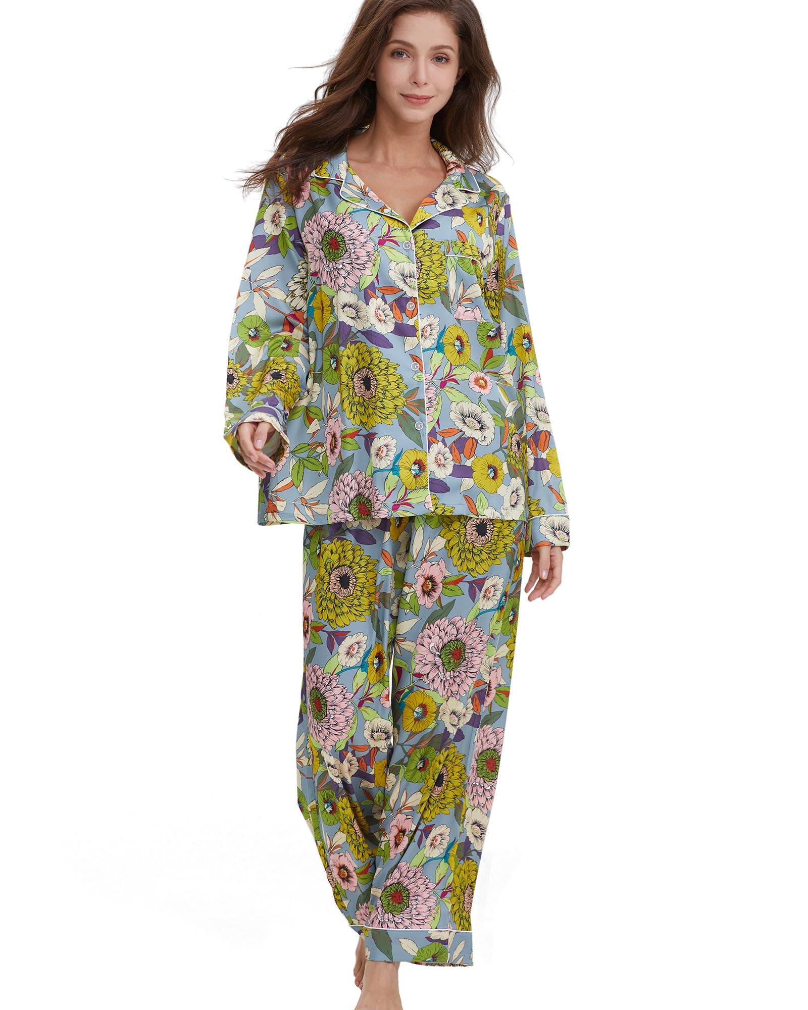 Womens Silk Satin Pajamas Set Button Down 2 Piece Pjs Long Sleeve Oversized Sleepwear with Pockets