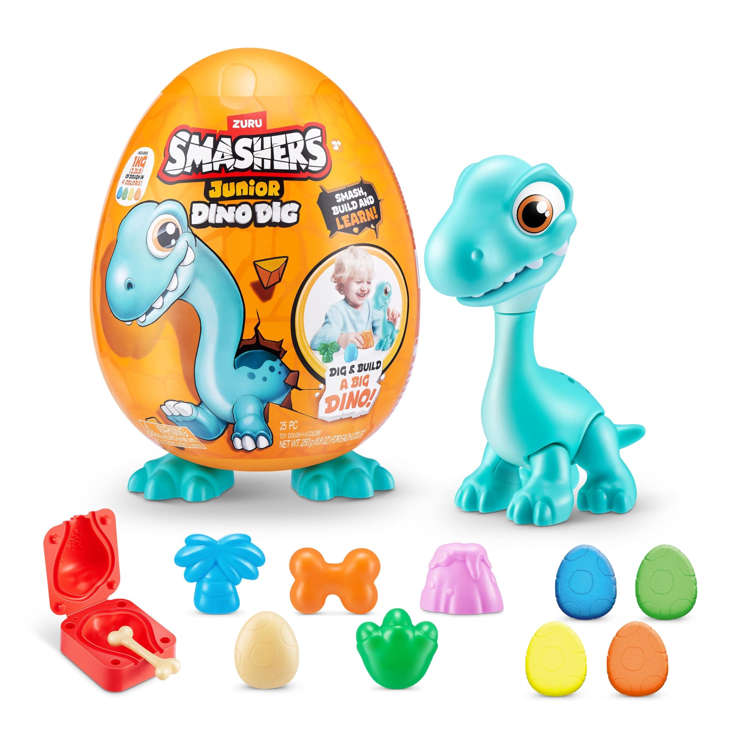 Smashers Junior Dino Dig Large Egg (Raptor) 12+ Surprises Compounds Mold Dinosaur Preschool Toys for Kids Build Construct Sensory Play 18 months to 3 years