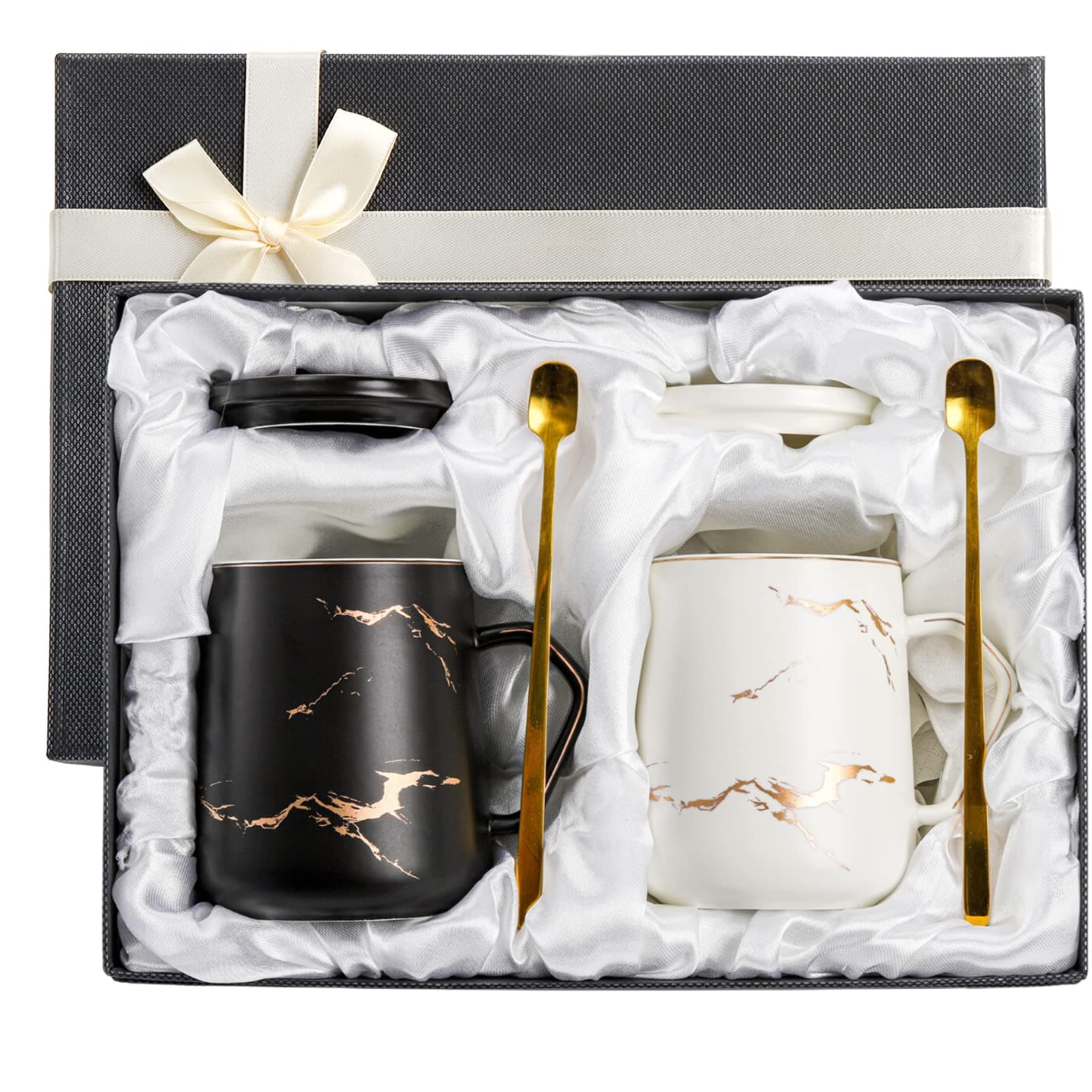 ZENFUN 2 Pack Ceramic Mug Set for Couple, Coffee Mugs with Gift Box, Engagement Wedding Gift 13.5 oz Porcelain Mug Set with Lid and Gold Spoon Marbling, His and Hers, Christmas( Black&White)