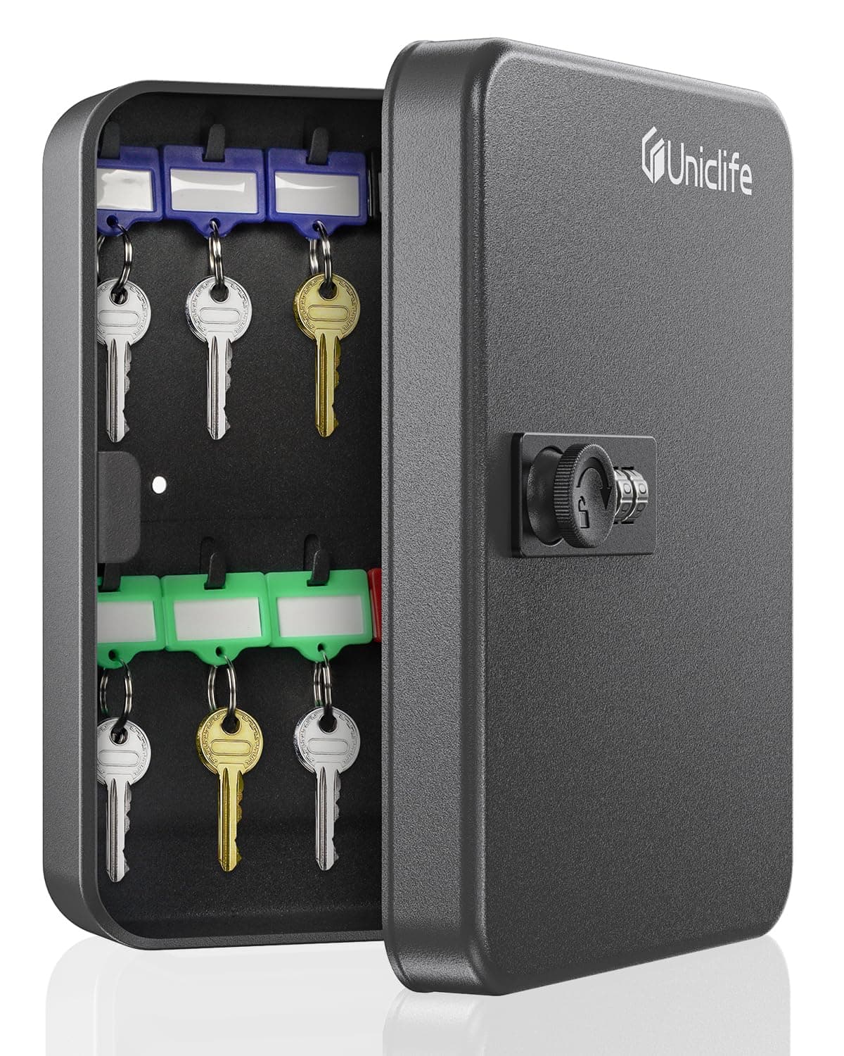 Uniclife 20 Position Key Cabinet with Combination Lock Resettable Black Digital Security Storage Box Steel Key Organizer with Colorful Key Tag Labels Stickers and Hooks