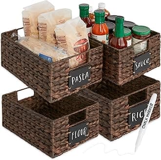 Best Choice Products Set of 4 9x12in Water Hyacinth Pantry Baskets, Woven Organizers w/Chalkboard Label, Chalk Marker - Brown