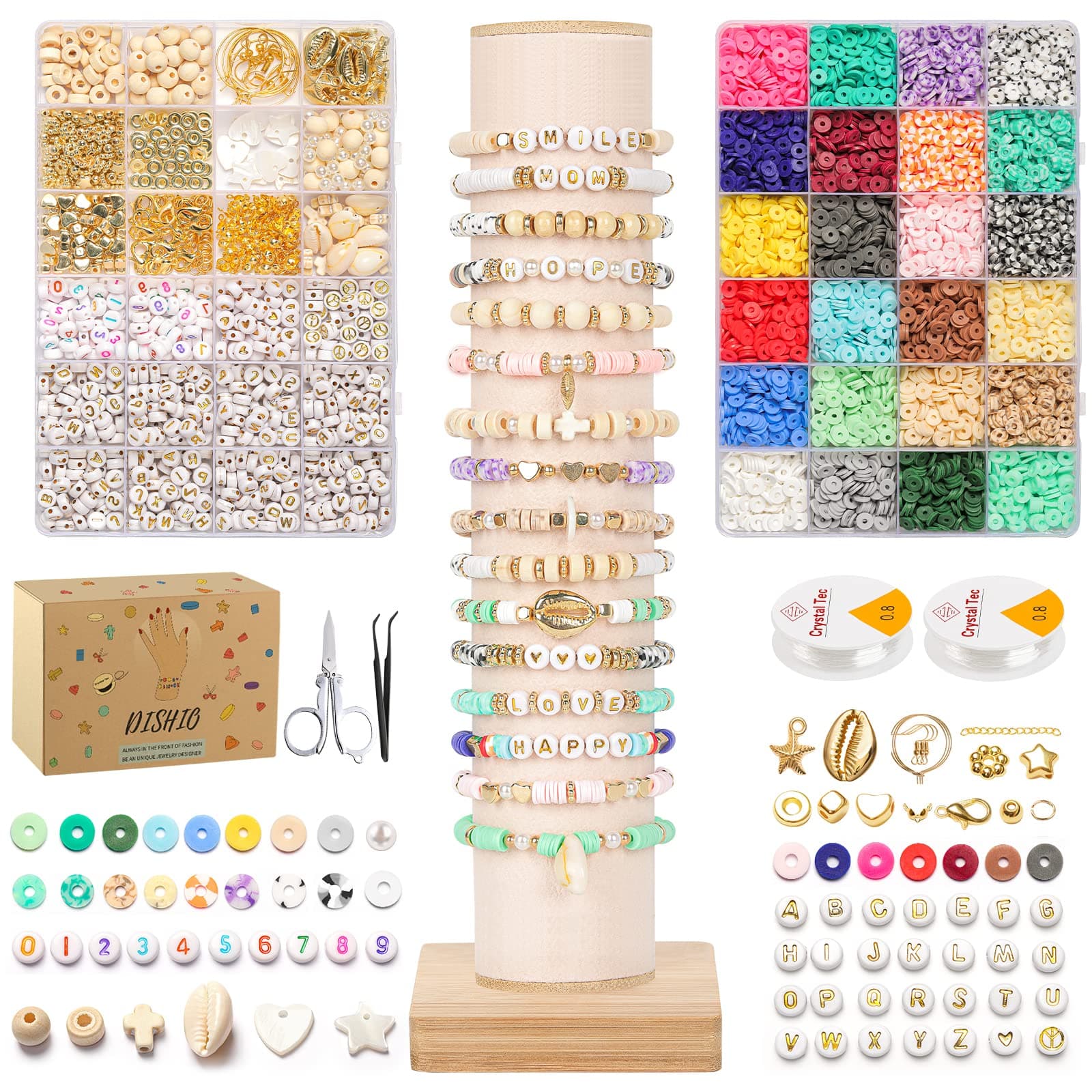 DISHIO Bracelet Making Kit Friendship Clay Beads 2 Boxes Flat Polymer Clay Beads for Jewelry Making Kit for Adult, 24 Colors 6000Pcs with Letter Beads Heishi Beads DIY Crafts for Girls with Gift Pack