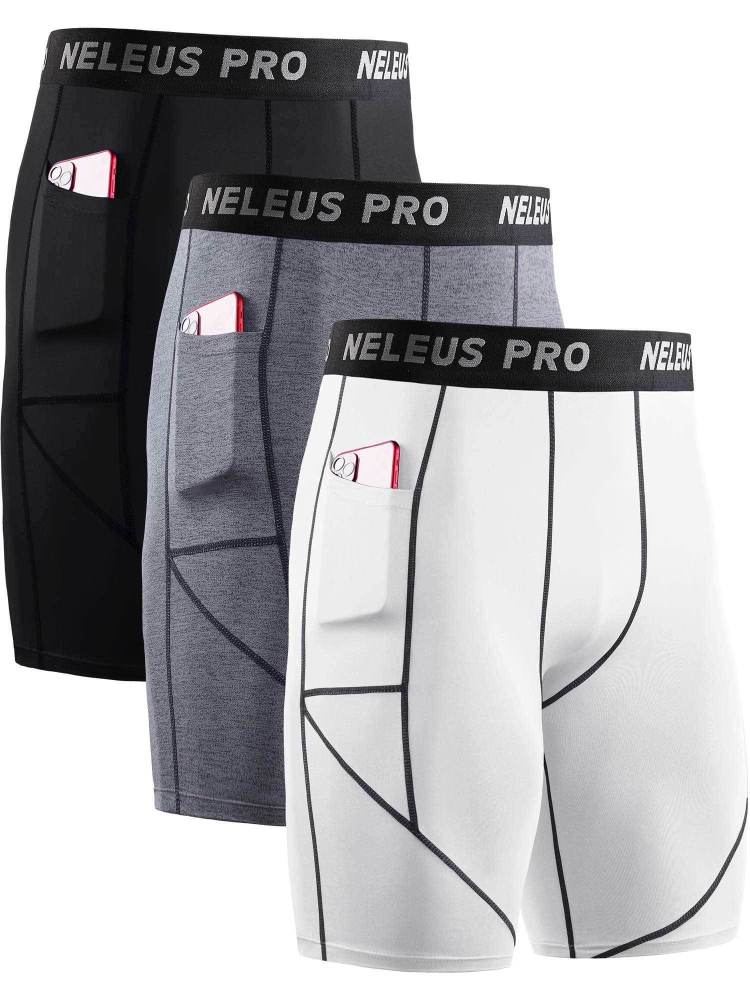 NELEUS Men's 3 Pack Running Compression Shorts with Pockets