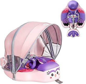 Upgraded Baby Pool Float Mambobaby Float with Canopy, Non-Inflatable Baby Floats for 3-24 Months, No Flip Over Swim Trainer for Infants (Bird-Purple)