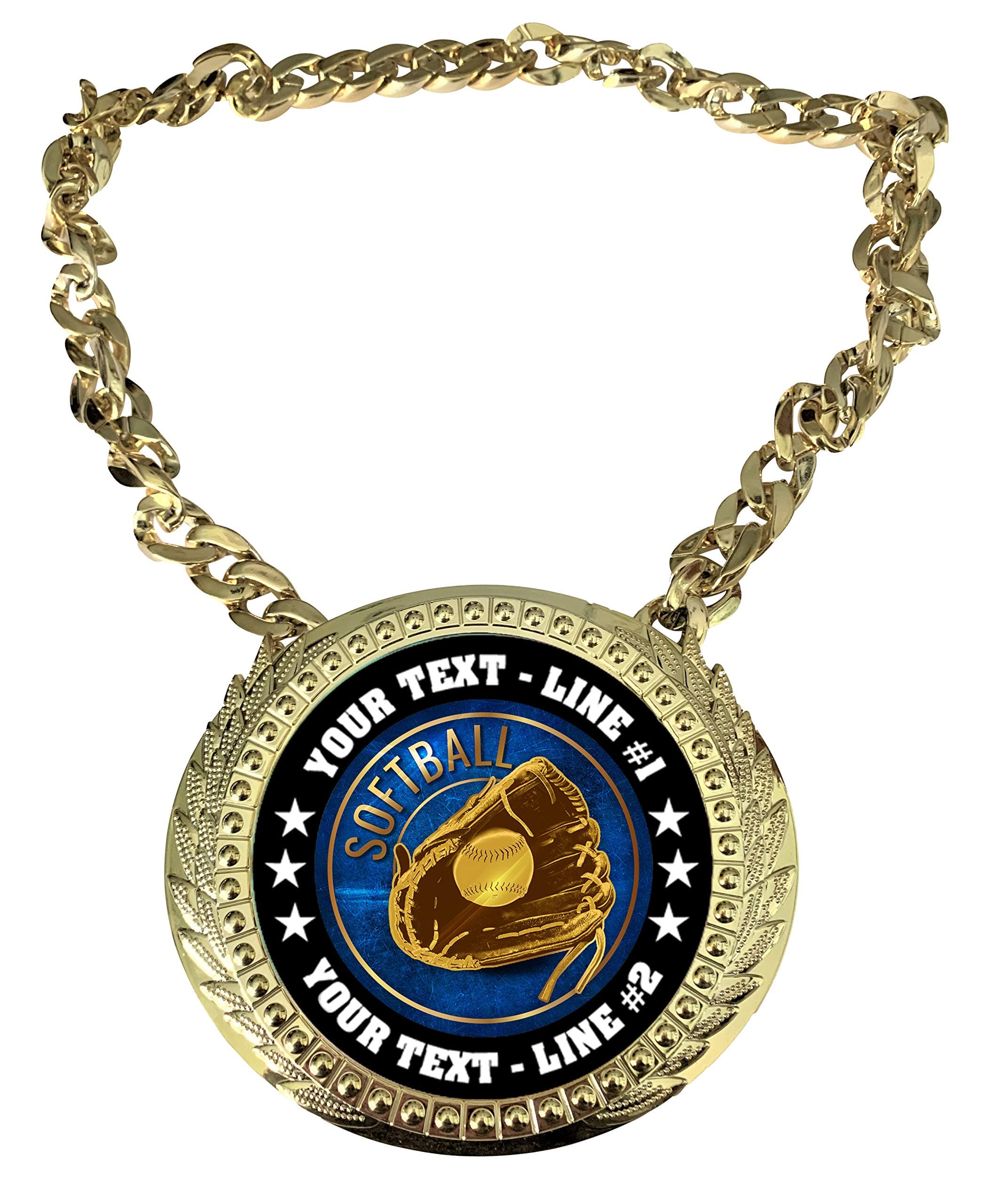Express Medals Custom Softball Champ Chain Trophy with 2 Lines of Personalized Text on a Large Rigid Plastic Award Medal and 34 Inch Long Gold Color Neck Chain. EG48