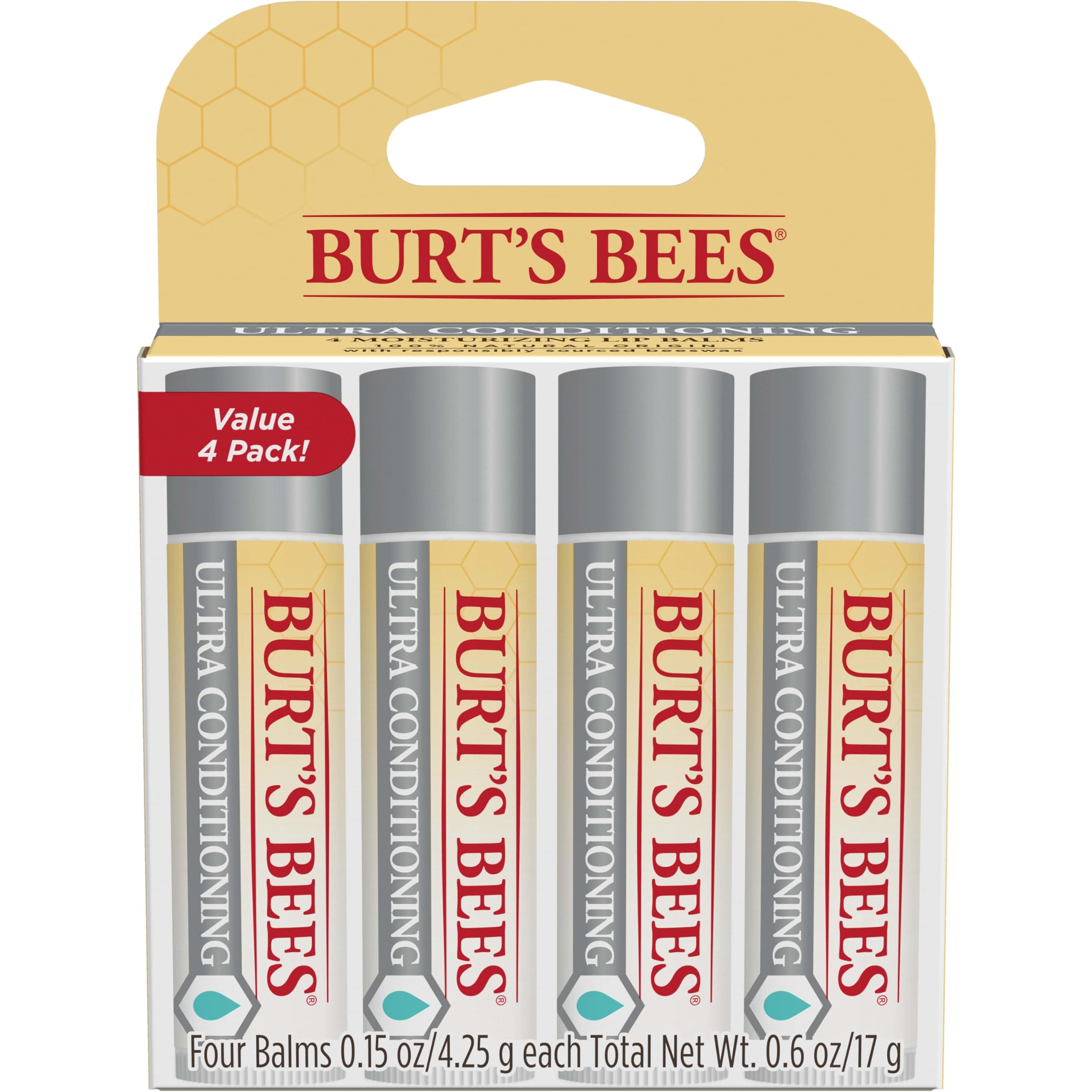Burt's Bees Lip Balm, Moisturizing Lip Care, 100% Natural Origin, Ultra Conditioning with Shea, Cocoa & Kokum Butter (4 Pack)