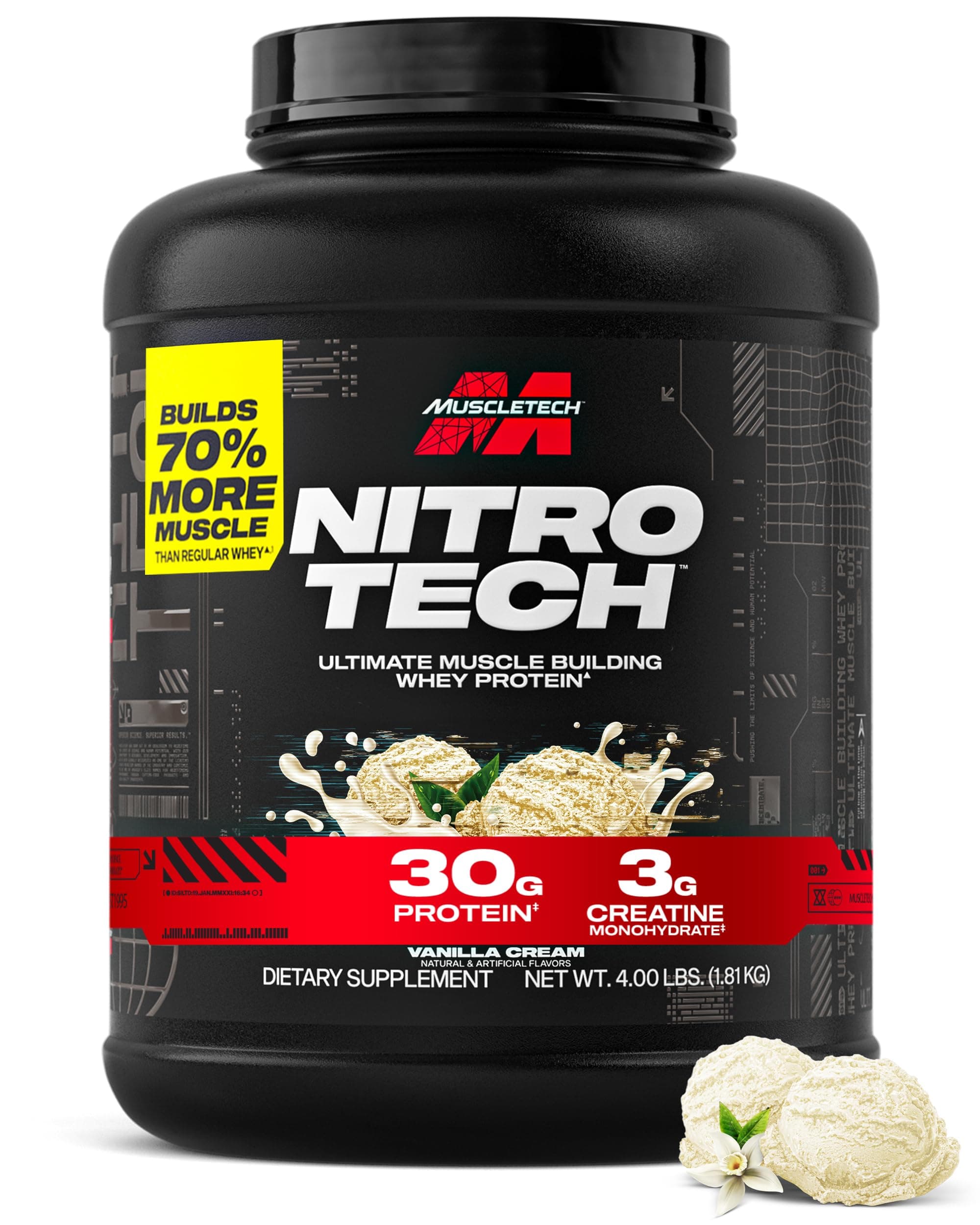Muscletech Whey Protein Powder (Vanilla Cream, 4 Pound) - Nitro-Tech Ultimate Muscle Building Formula with Whey Protein Isolate - 30g of Protein, 3g of Creatine & 6.8g of BCAA - Packaging May Vary