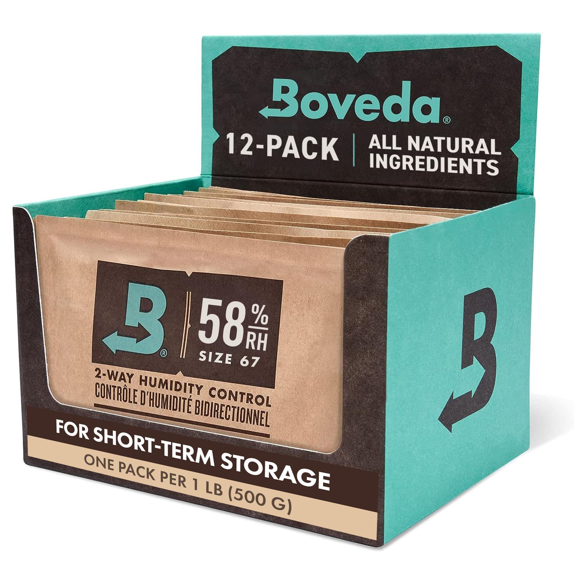 Boveda 58% Two-Way Humidity Control Packs For Storing 1 lb – Size 67 – 12 Pack – Moisture Absorbers for Storage Containers – Humidifier Packs – Individually Wrapped Hydration Packets