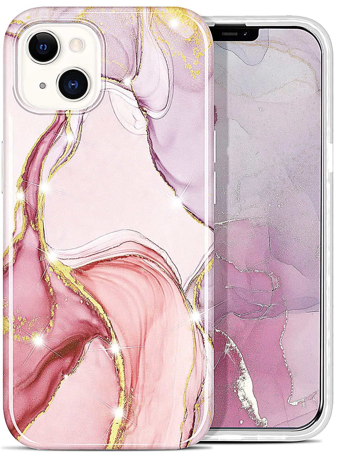 LANYOS Compatible with iPhone 13 (6.1 inch) Marble Case for Women Girls, Ultra-Thin Gold Sparkle Glitter Marble Pattern Soft TPU Shockproof Protective Cover (Pink)