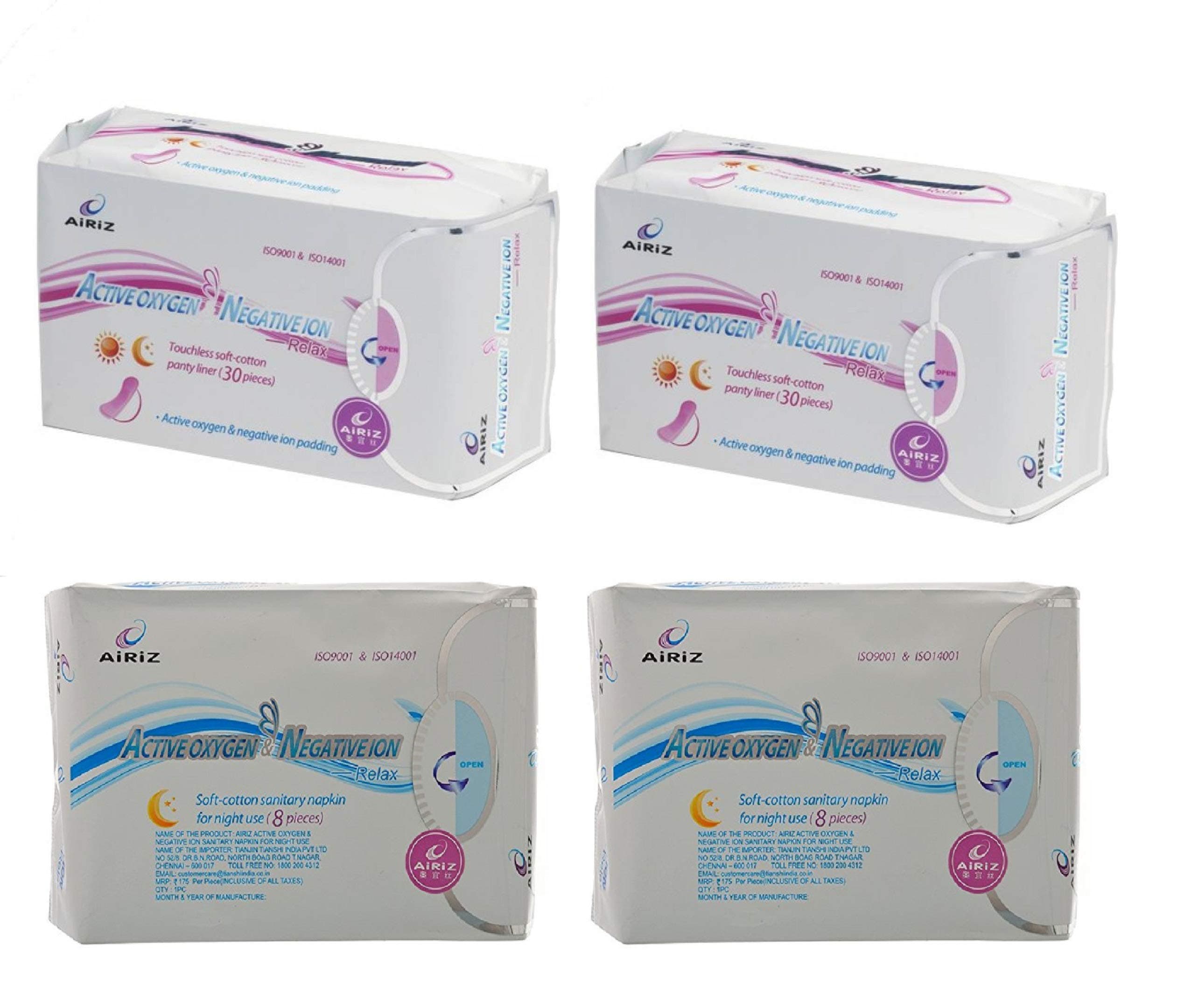 Airiz Active Oxygen and Negative Ion -Relax Touchless Soft Cotton Panty Liner - 60 Pieces & Napkin 16 Pieces