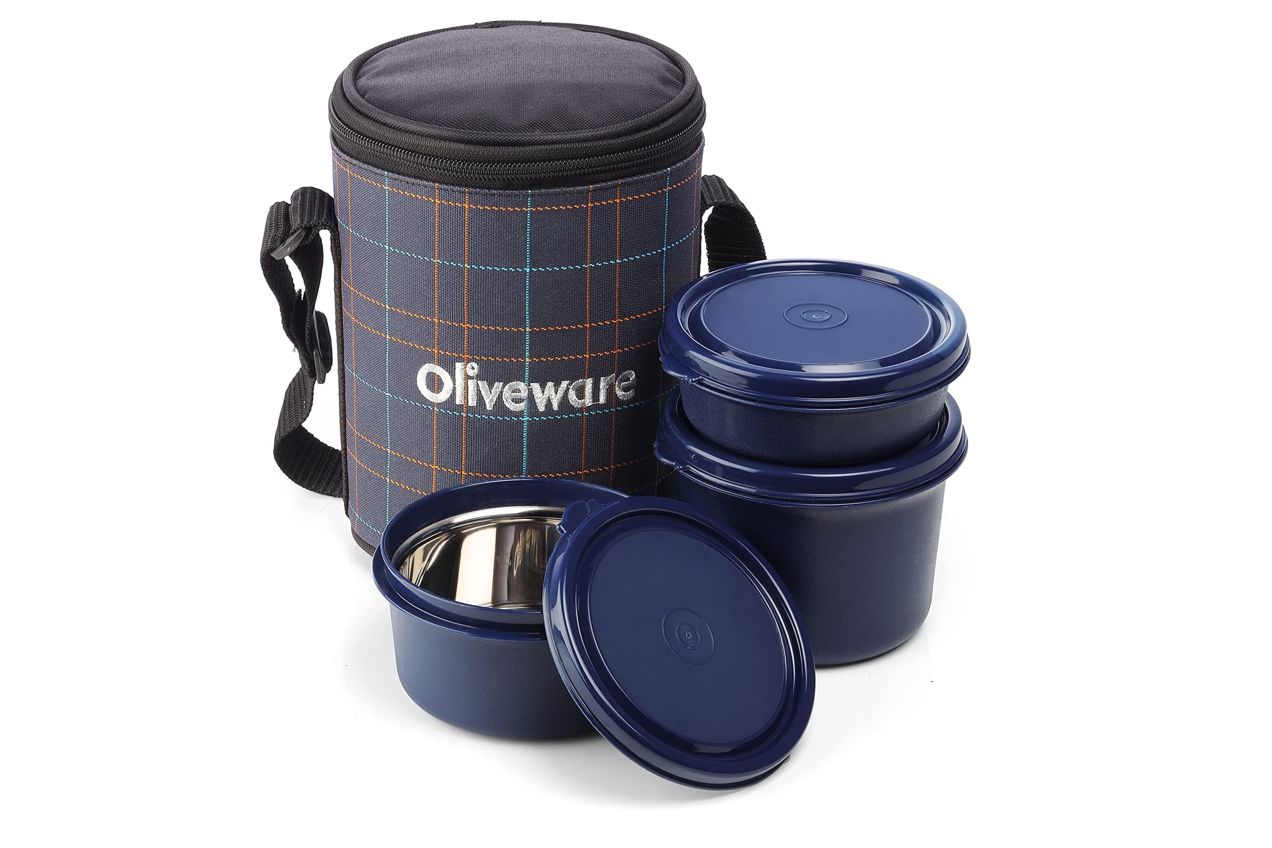 Oliveware Infinite Lunch Box, Microwave Safe & Leak Proof, 3 Inside Steel Containers with BPA Free Airtight Lids (290ml, 450ml & 600ml), Fabric Bag - Blue