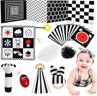 Black And White Sensory Toys, Baby Toys 0-6 Months Essentials for Newborn with Sensory Cards Baby Rattles, Ribbon Ring, Scarf, Maracas, Beeps, Early Christ Mas Presents