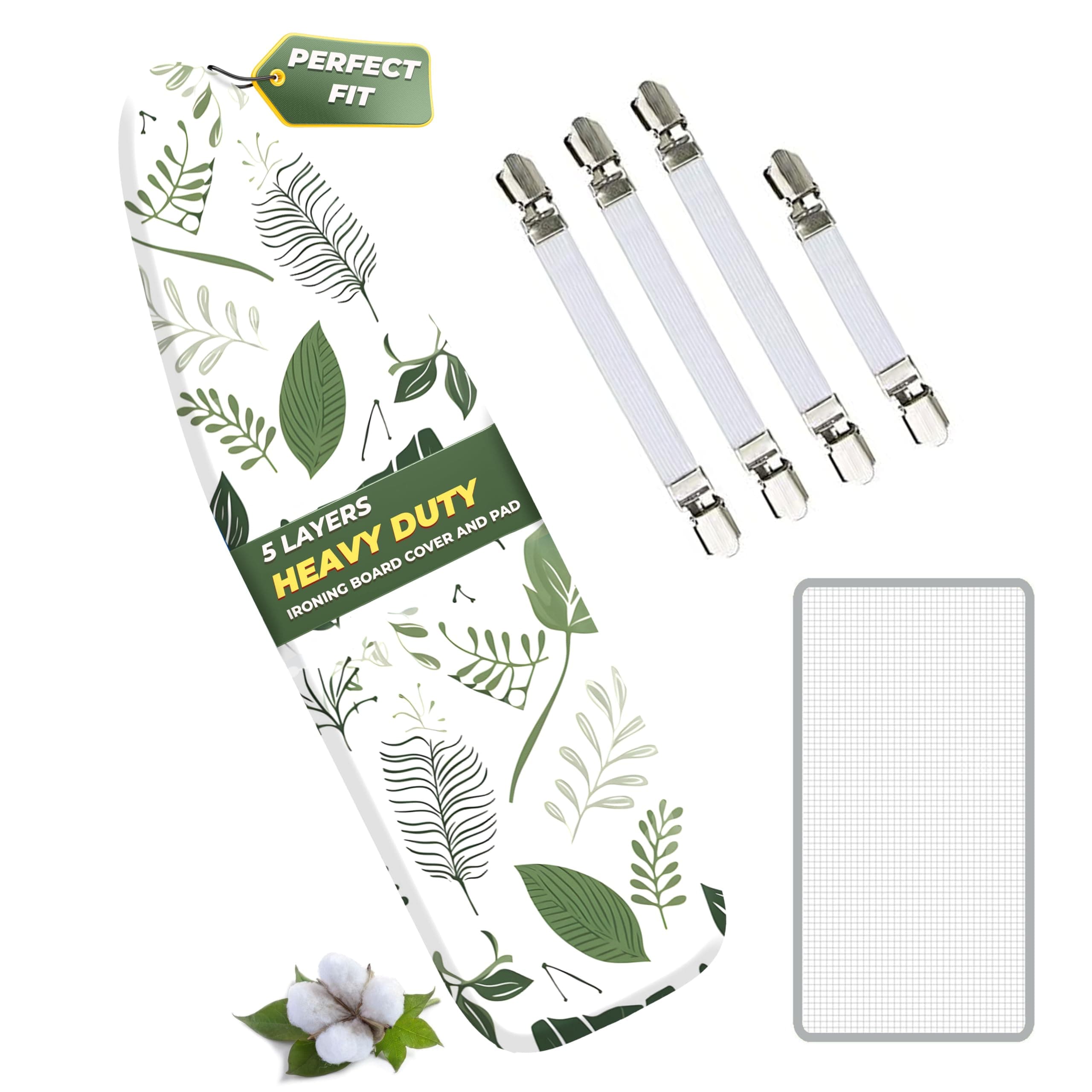 EcoNour Ironing Board Covers 124 x 38 cm Extra Thick 7mm Padding, 100% Cotton Top Covers Easy-Fit for Protecting Ironing Board Cover Complete Set with 4 Strings - Large