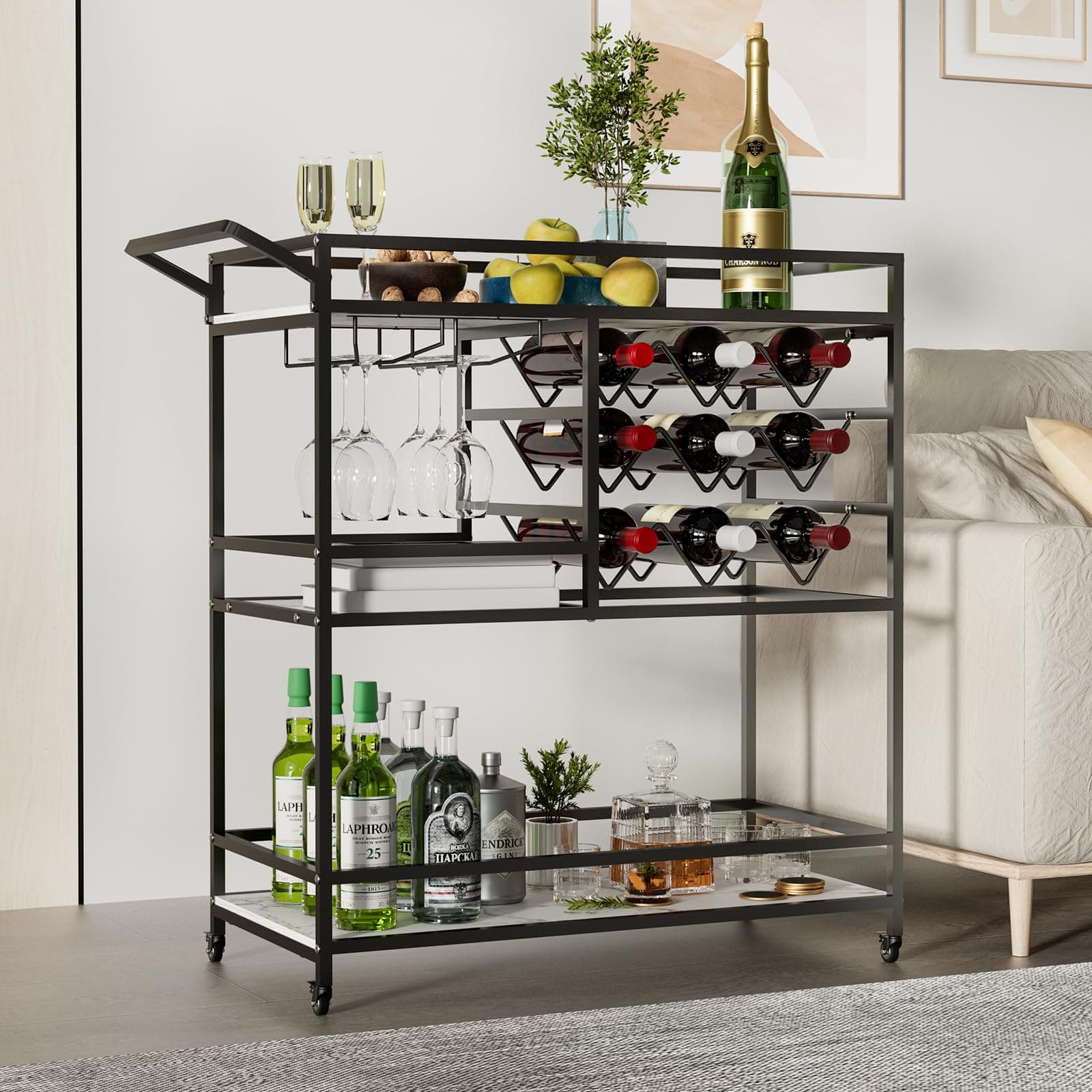 Bar Cart with Wheels Mobile Serving Cart with Wine Rack and Glass Holder,3-Tier Drink Rolling Coffee Wine Cart with Large Storage Space for Kitchen,Living Room, Party (Black)