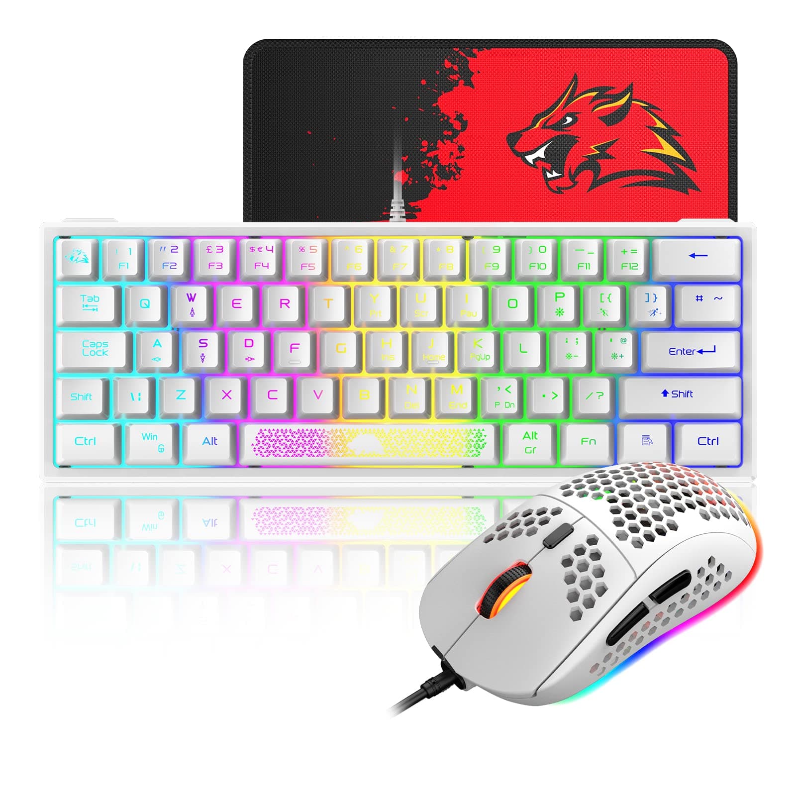 XINMENG60% Gaming Keyboard and Mouse Combo Samll Mini RGB LED Backlight Mechanical Feeling and RGB 6400 DPI Honeycomb Optical Mouse,Gaming Mouse pad for Gamers and Typists