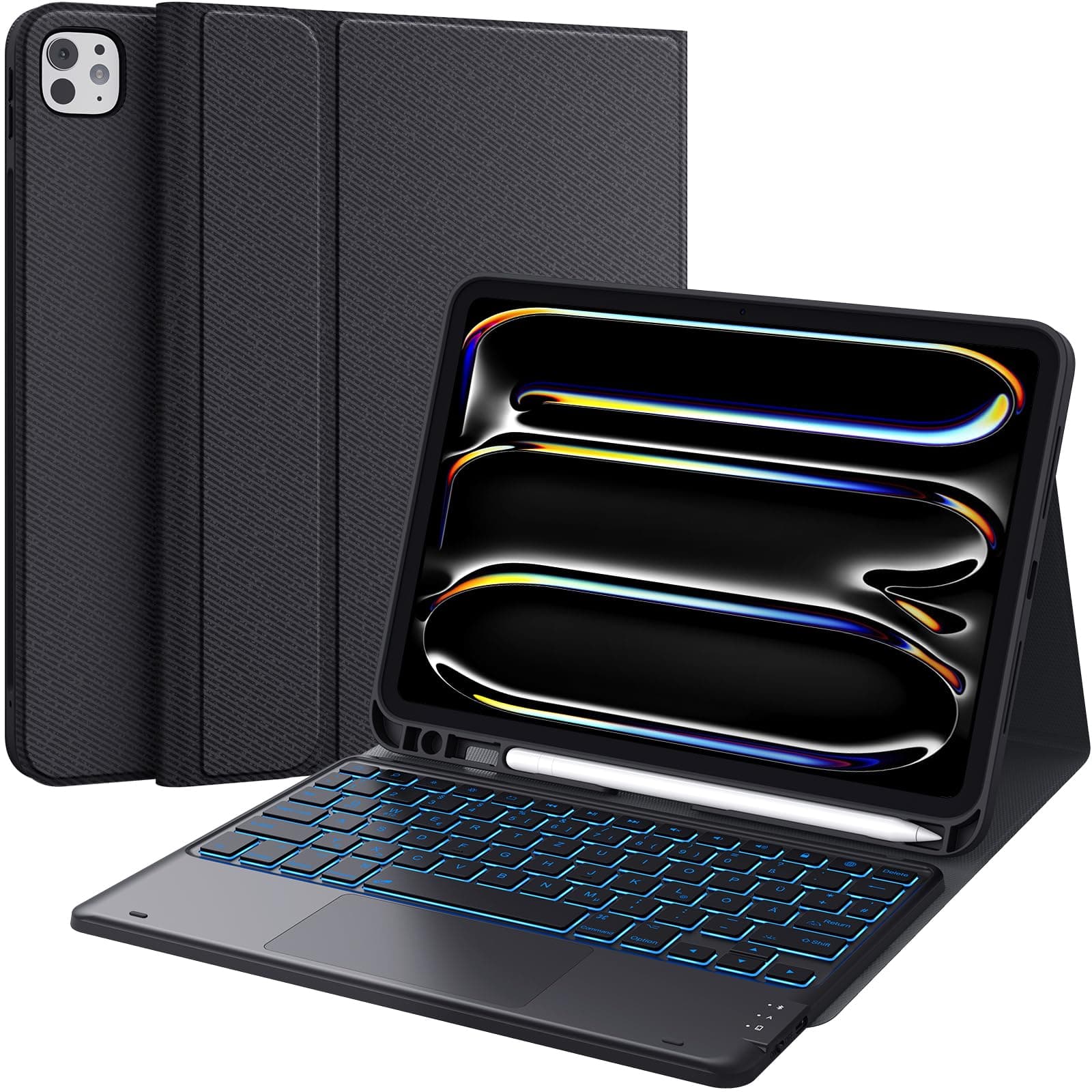 iPad Keyboard Pro 11 2024(M4), 7 Colours Lighting, Multi Touch Trackpad, Flip Stand Case with Pencil Holder, 2 Bluetooth Channels for M4 iPad Pro 2024 11 Inch, Black