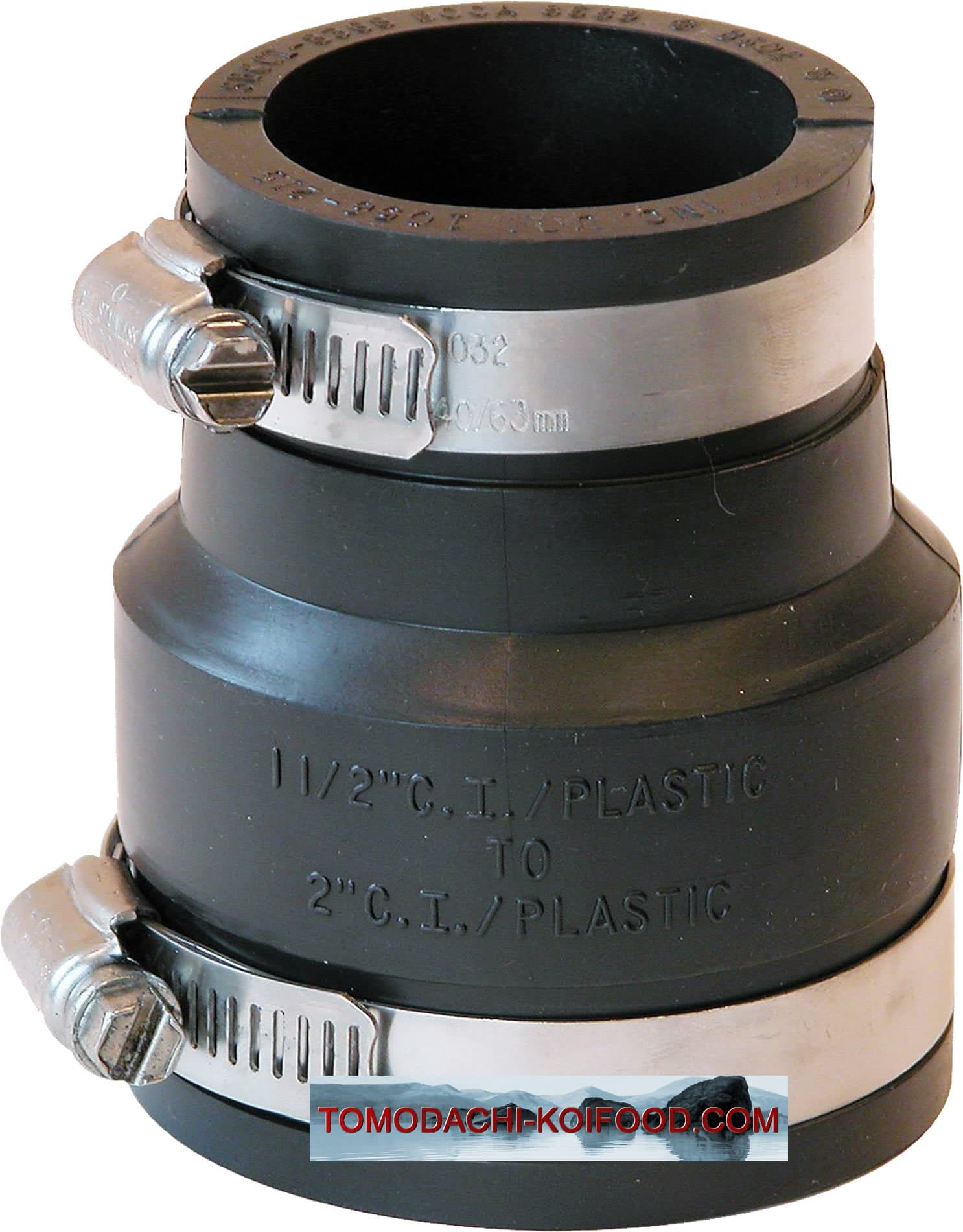 PVC rubber reducer, flexible reducer, flex-fitting for connection of two pipes of different sizes, flex-fitting of PVC elastomer for pond piping, pump installation, repair or refurbishment of leaking pipe points in the home, garden and on the Koi pond, flexible rubber reduction.