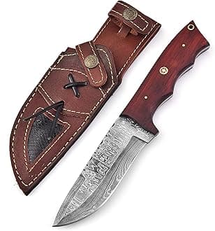 Custom Handmade Damascus Hunting Knife,10"Fixed Blade Bowie Knife with Horizontal Carry Sheath,Real Damascus Steel Knives with Red Padauk Wood Handle,EDC Full Tang Knives for men women, Adventure,Survival,Hiking,Camping,Gifts for Men Women