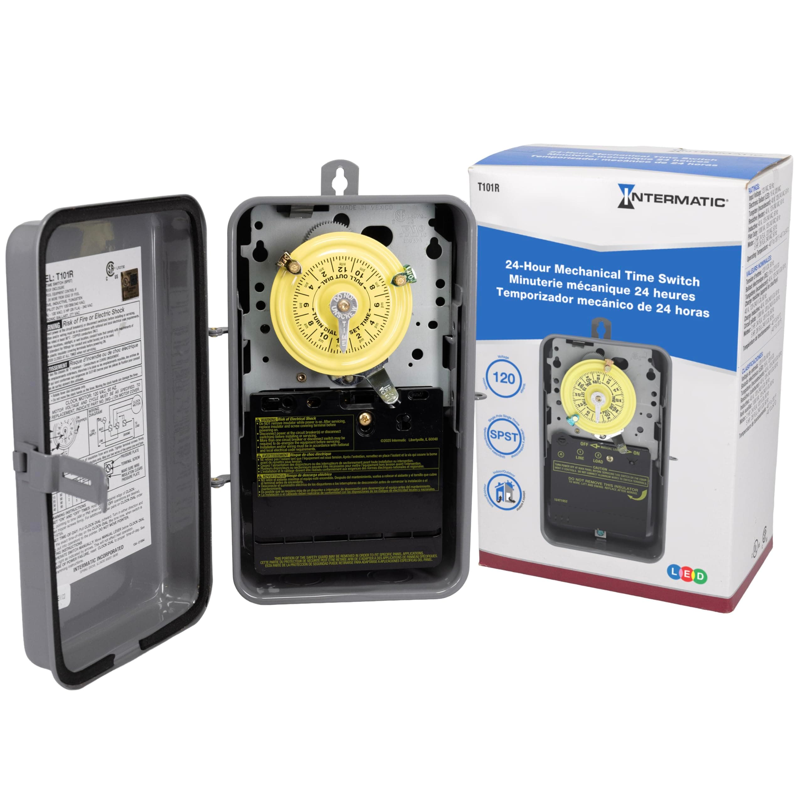 Intermatic T101R 24-Hour Mechanical Timer Switch - 120V SPST, Type 3R Indoor/Outdoor Metal Enclosure, Heavy Duty, Manual Override, 40 Amp - Ideal for Lights, Pumps, Fans, and HVAC Systems