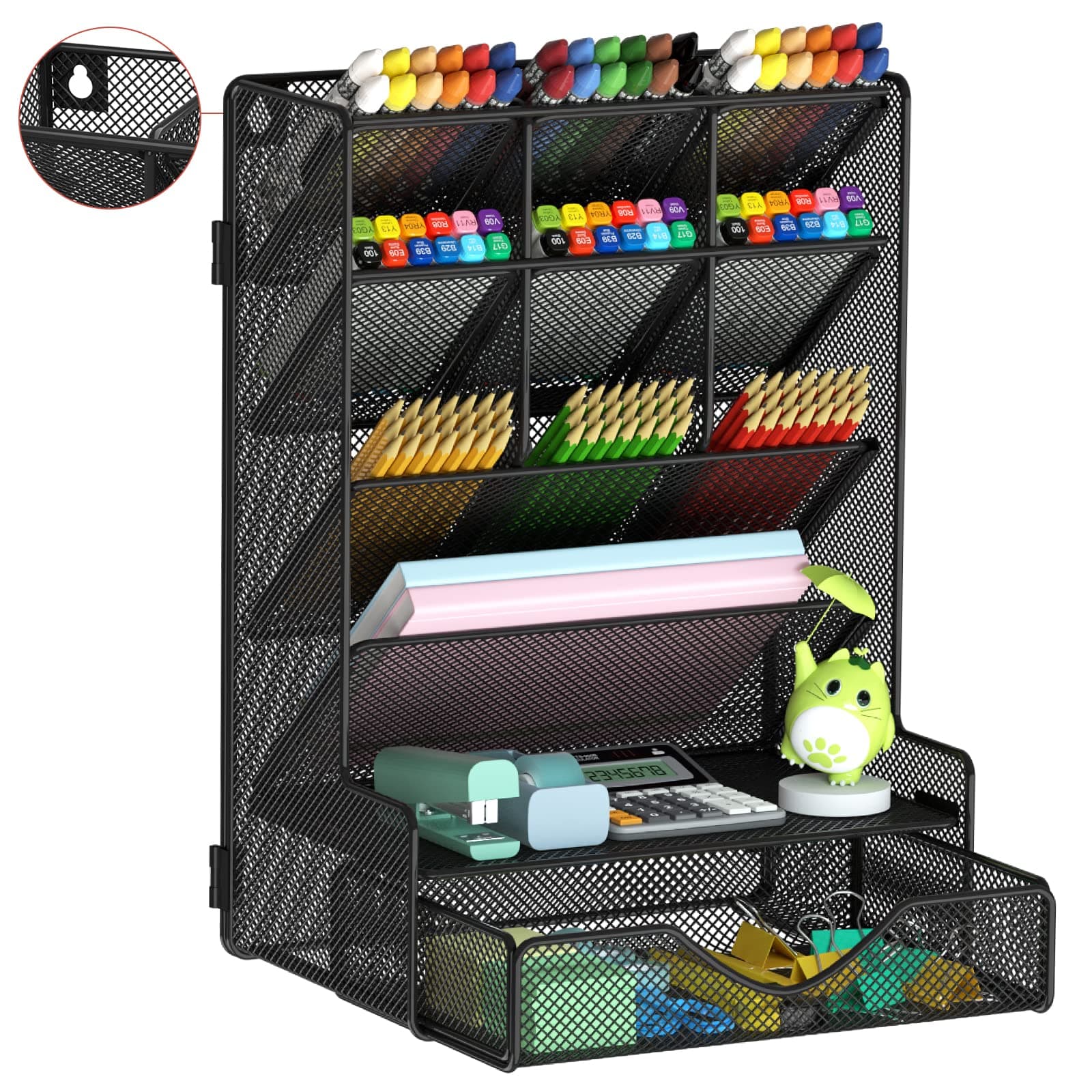 Pen Organizer for Desk, Multi-Functional Desk Organizer, Wall Mount Pen Holder with Drawer for School, Office, Home, Art Supplies, Black