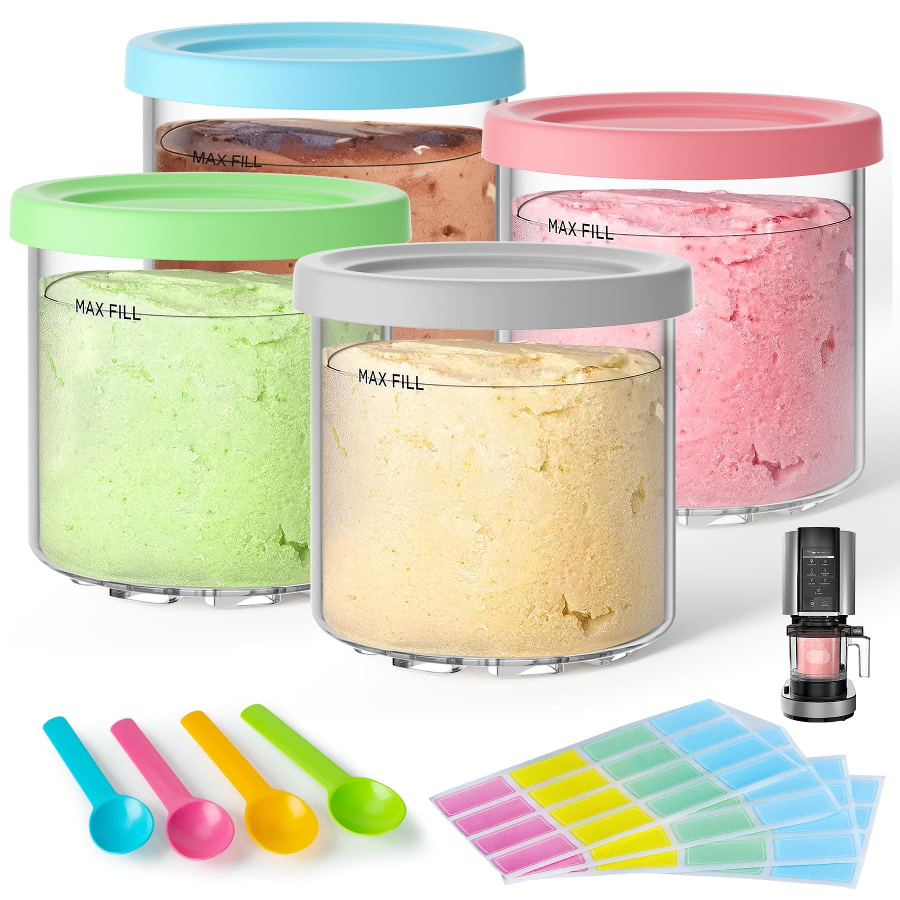 4 Pack Creami Pint Containers and Lids for Ninja, Compatible with Ninja NC299 NC300 NC301 Series Creami Maker Maker Machine Accessories, BPA Free & Dishwasher Safe, Assorted Colors