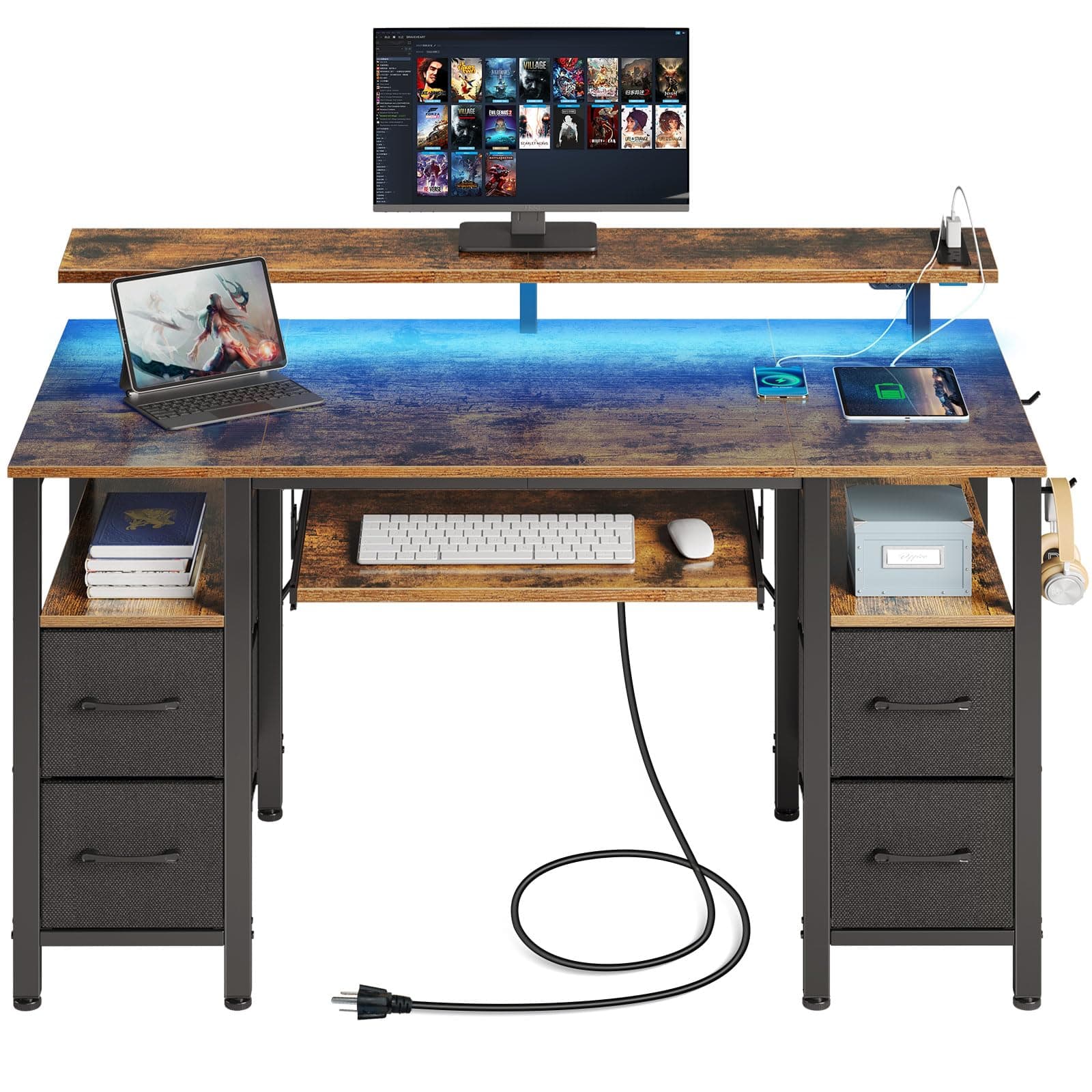 Computer Desk 47.2" with LED Lights & Power Outlets, Home Office Desk with 4 Drawers, Writing Desk with Keyboard Tray, Study Table with Monitor Stand, Work Desk for Home, Rustic Brown