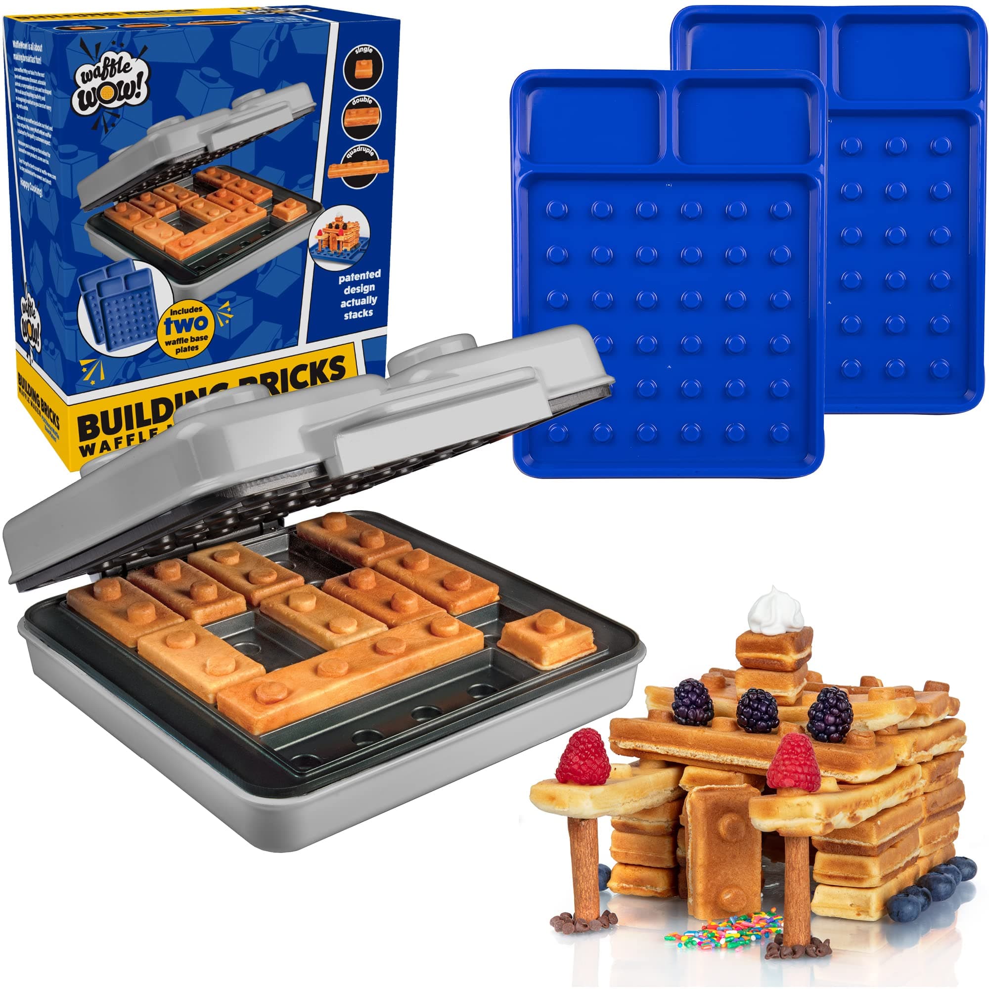 Building Brick Electric Waffle Maker- GREY with 2 Construction Eating Plates- Cook Fun Buildable Waffles in Minutes Like Houses, Cars & More- Revolutionize Breakfast - Stack & Build on Serving Dishes