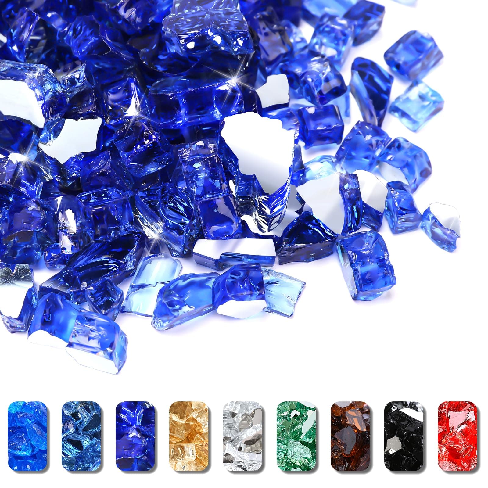 Grisun Blue Fire Glass for Fire Pit - 1/2 Inch High Luster Reflective Tempered Glass Rocks for Natural or Propane Fireplace, Safe for Outdoors and Indoors Firepit Glass, 10 Pounds