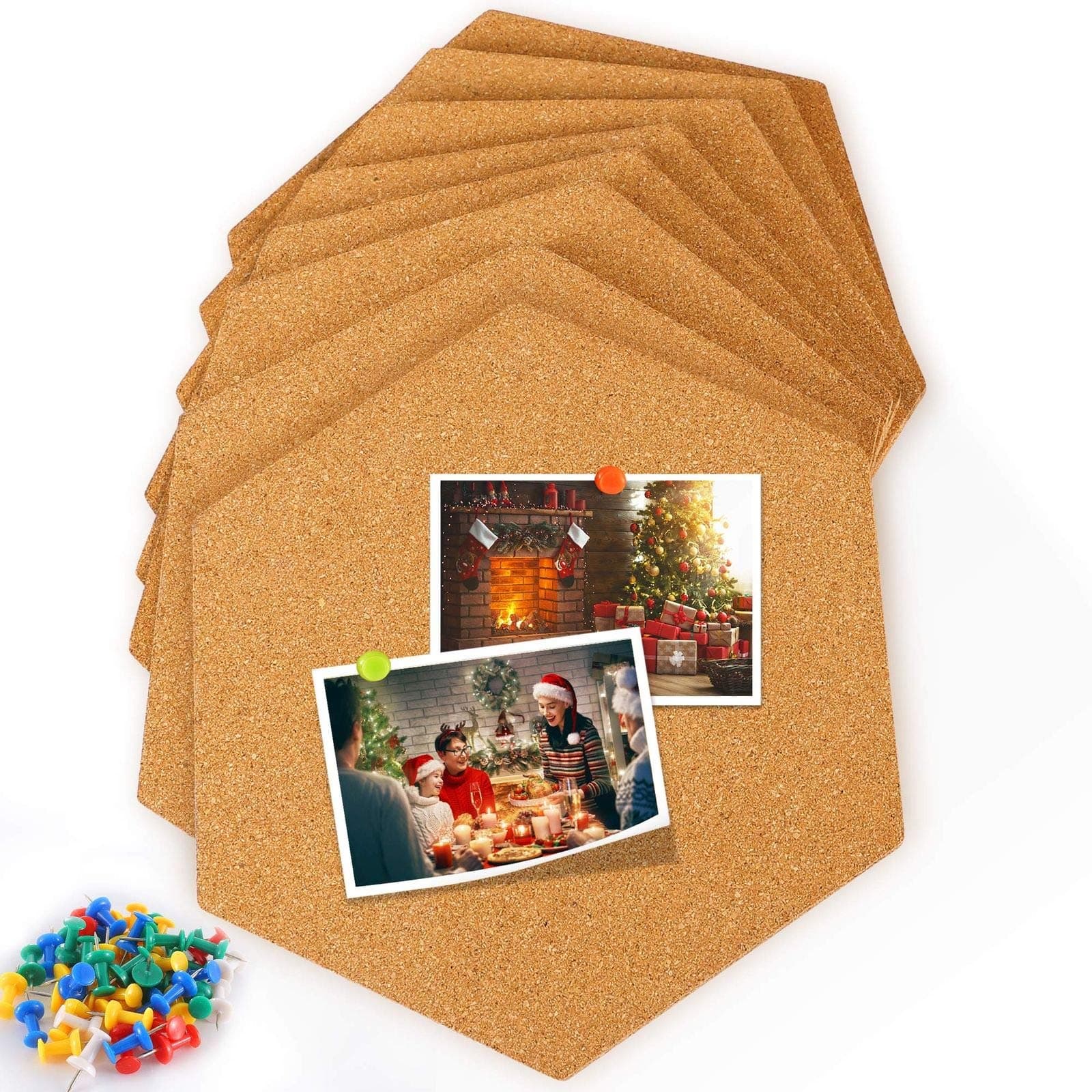 Hexagon Cork Board Tiles 8 Pack with Full Sticky Back,Mini Wall Bulletin Boards,Pin Board-Decoration for Pictures,Photos,Notes,Goals,Drawing,Painting-Bonus 50 Pins