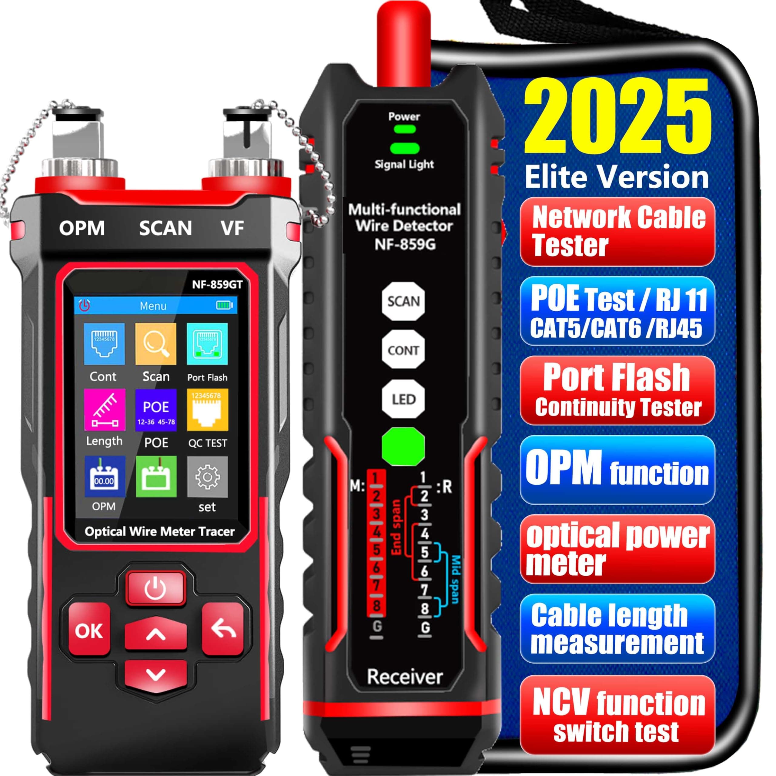 NF-859GT Network Cable Tester with Optical Power Meter for RJ45 RJ11 CAT5 CAT6 POE/Phone Lines CAT3 LAN Tone Probe Kit NCV & Ethernet Wire Tracer Fiber Tester Network Tools