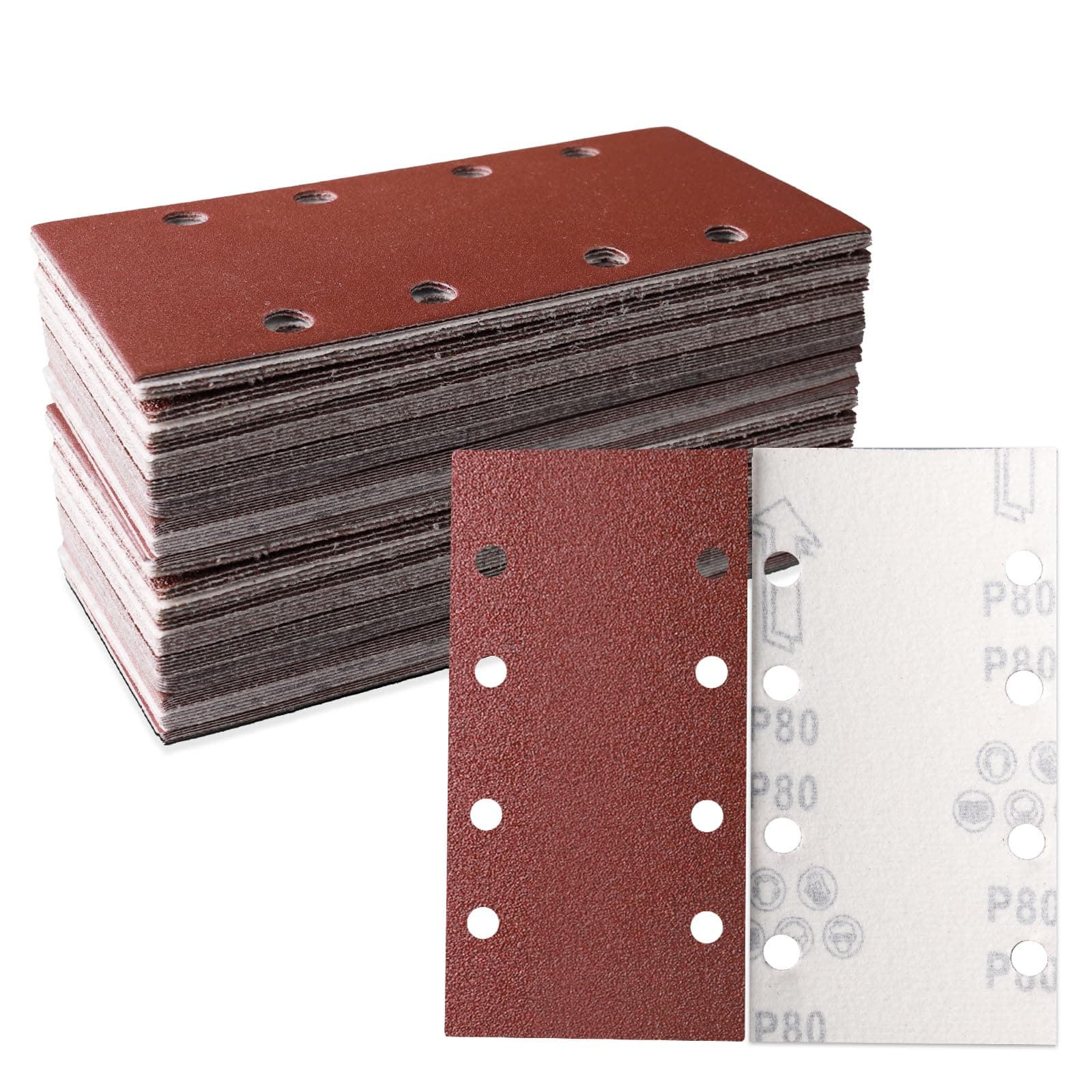 STEBRUAM Sanding Sheets 30 Pieces, 93 x 185mm Square Hook and Loop Sandpaper 8 Holes, Sanding Pads Assorted 80 Grits, Ideal for Sanding, Polishing and Rust Removal Fit Rectangular Sander
