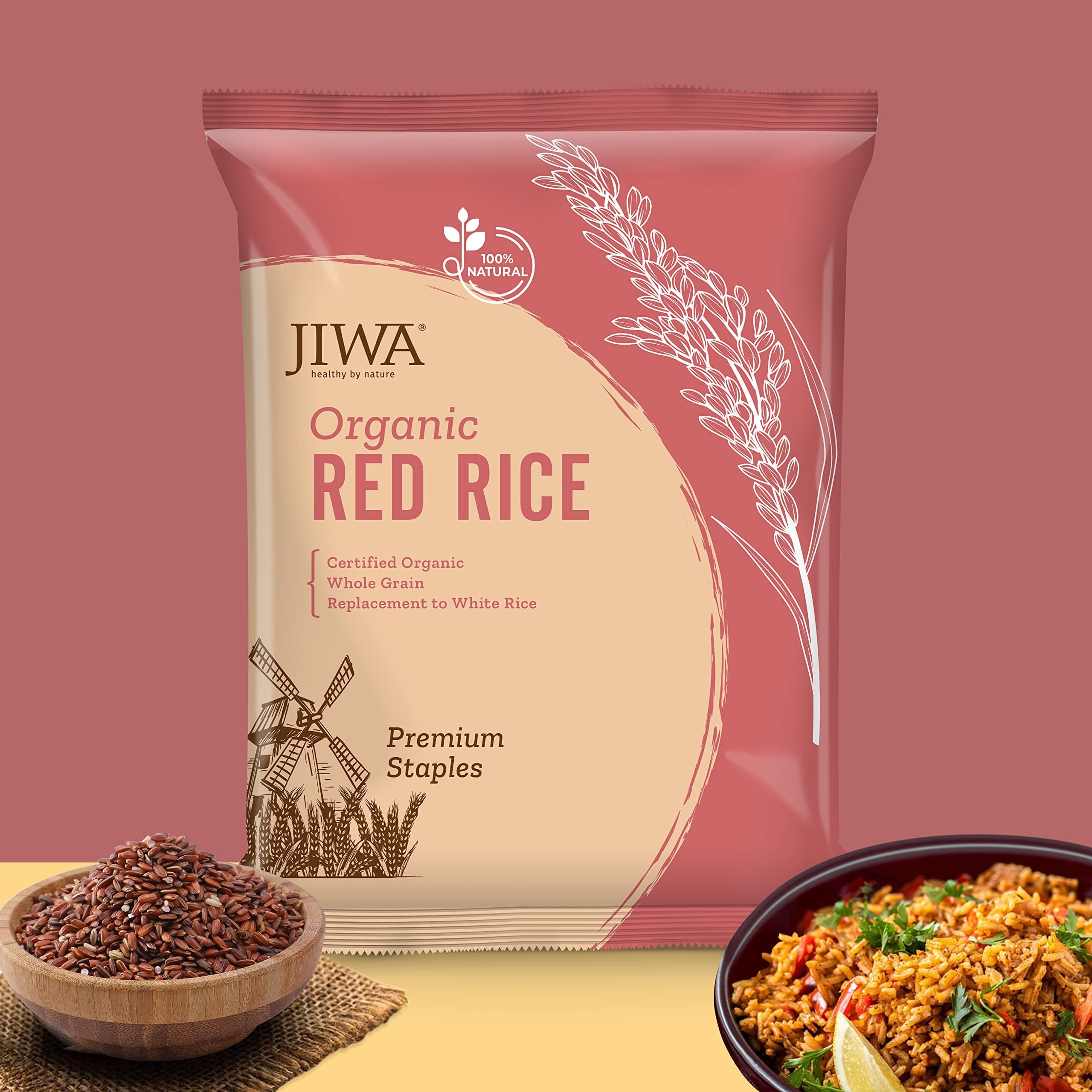 Jiwa Pure Red Rice Lal Chawal Wholesome Nutrient Profile Rich In Fiber Certified Organic & Naturally Gluten Free 100% Natural & Wholegrain 1 Kg
