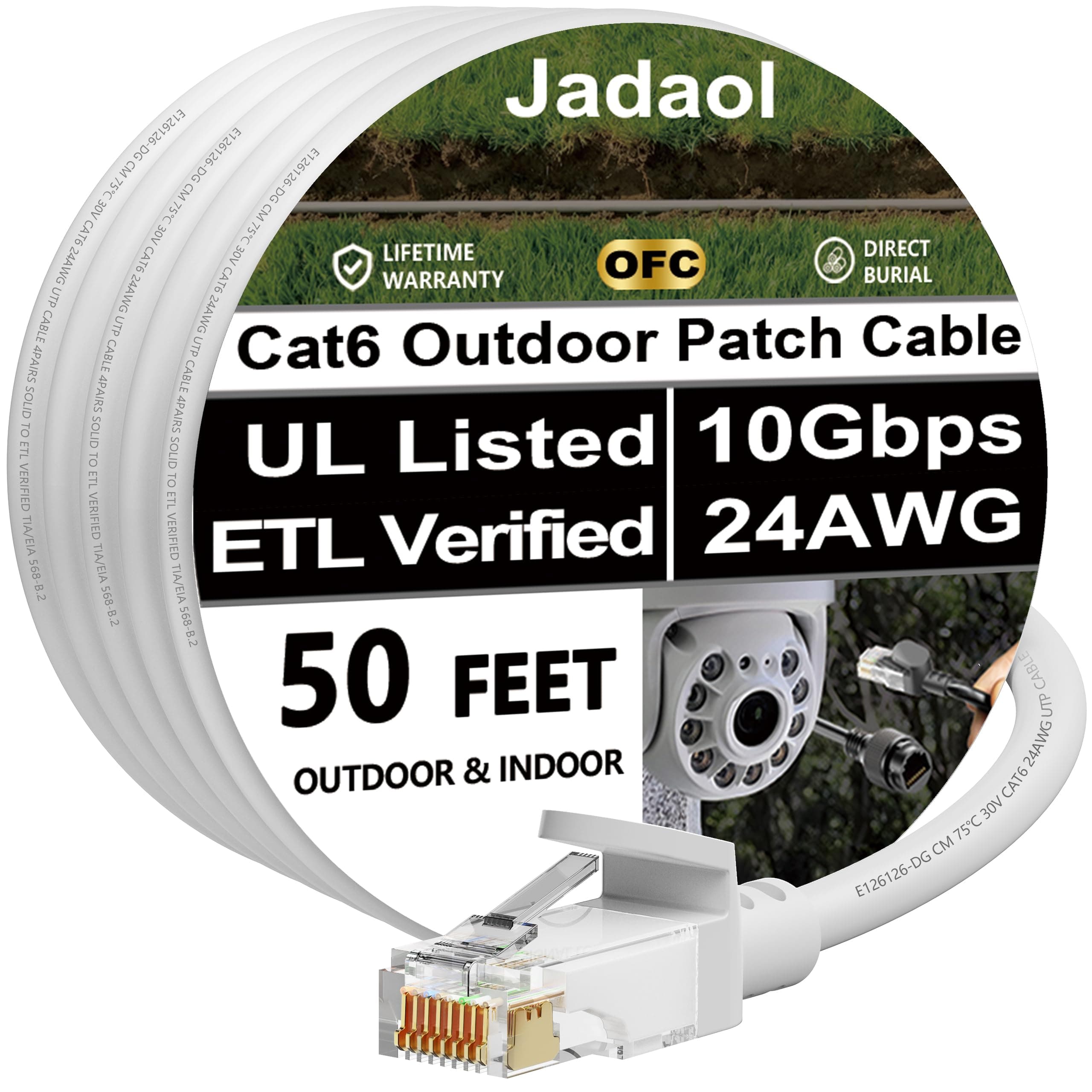Cat 6 Outdoor Ethernet Cable 50 ft, Support Cat8/7 Network, 10Gbps 550MHz, 24AWG Pure Copper, Direct Burial Waterproof In-Ground UV Resistant LAN Internet Patch Cable for Router, Modem, Switch, White