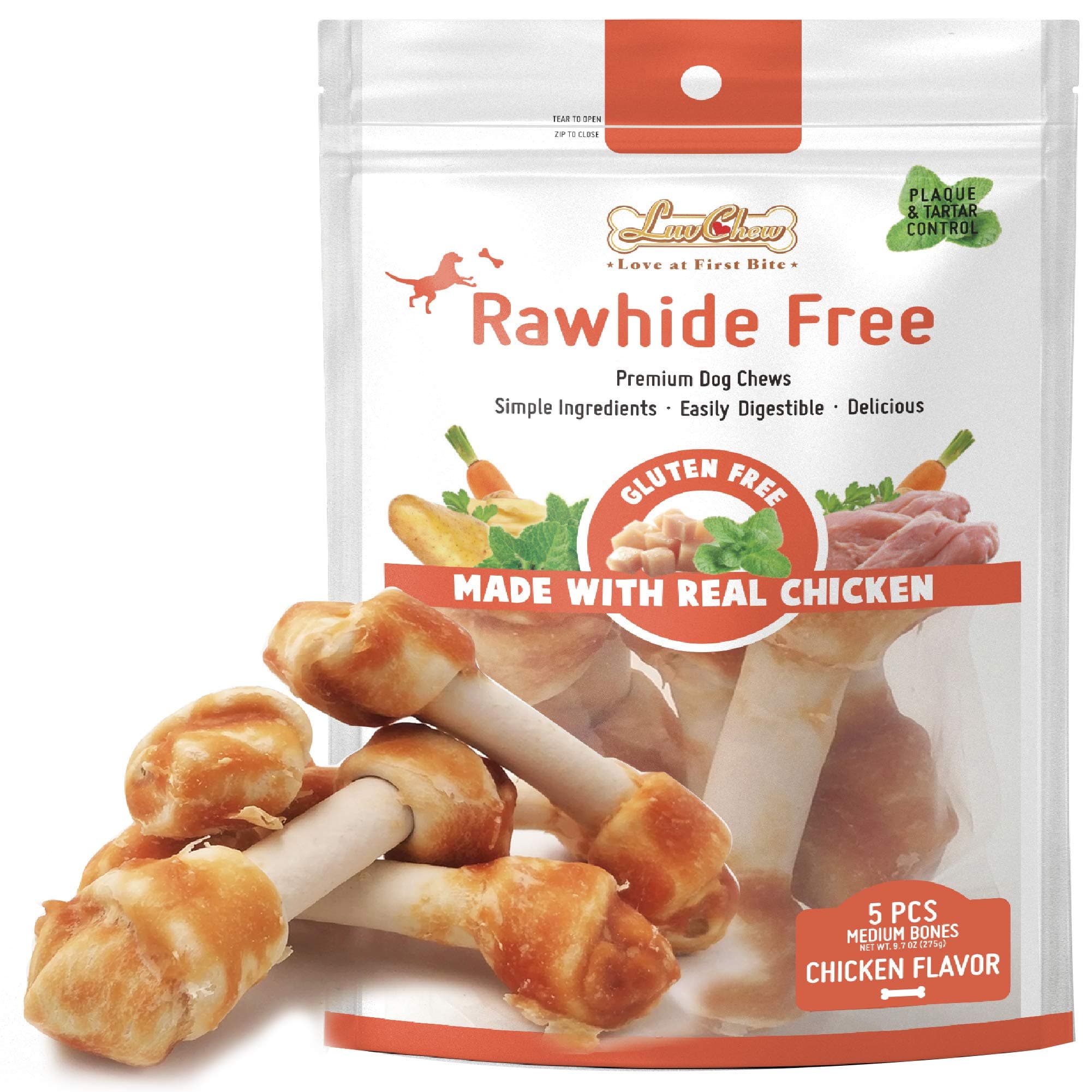 Chicken Dog Chew Bones Medium, Rawhide Free, Grain Free, Made with Real Chicken & Wholesome Vegetables, Knotted Bones Medium 5pcs/Pack