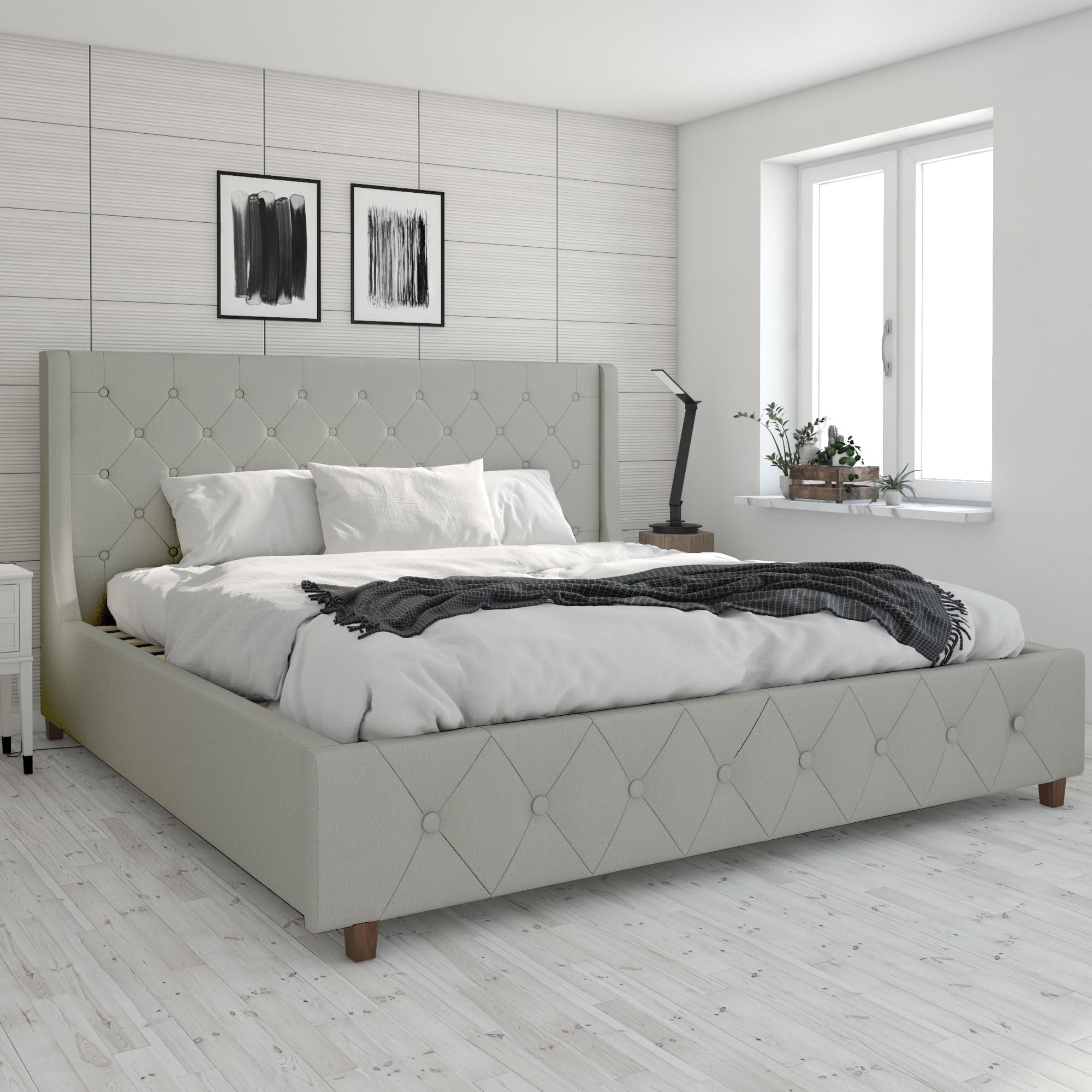 CosmoLiving by CosmopolitanMercer Upholstered Platform Bed Frame, King, Light Gray Linen