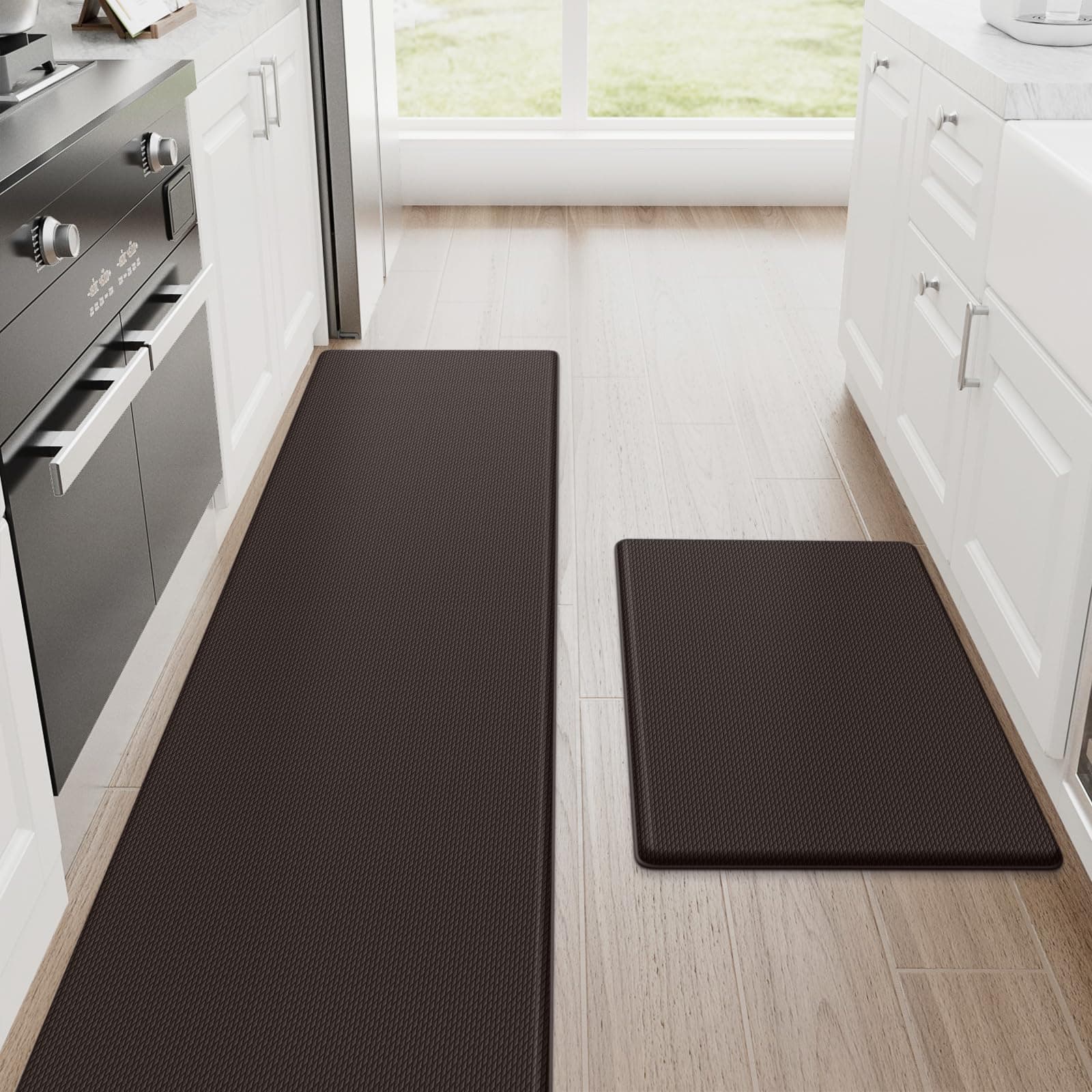 StepRite Kitchen Mats, 2PCS Kitchen Rugs, Cushioned Anti Fatigue Kitchen Mats for Floor, Non-Slip Standing Desk Mat, Waterproof Kitchen Rug Set for Kitchen, Floor, Office,17.3"x30"+17.3"x70",Chocolate