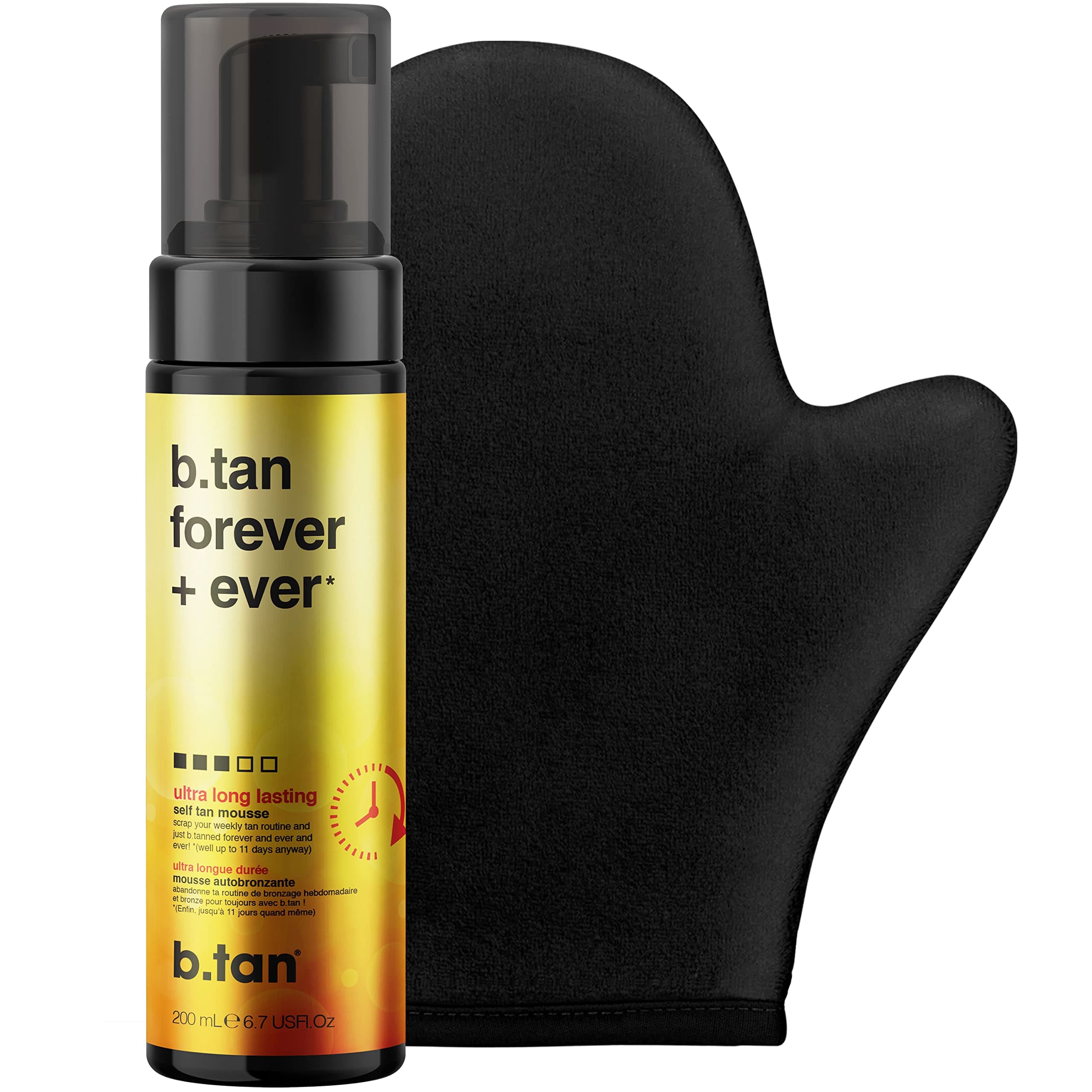 b.tan Ultra Long Lasting Self Tanner Kit | Forever Bundle - Dark Sunless Tan Mousse with Mitt Applicator, Best Up to 11 Days, 1 Hour Express Foam, Fast Bronzing Glow, No Fake Tan Smell, 6.7 Fl Oz