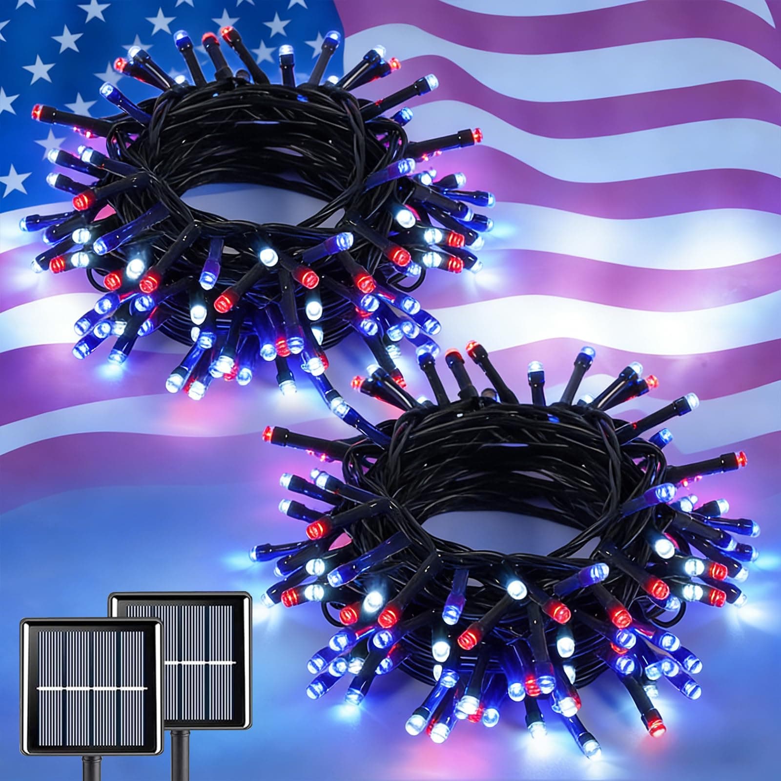 QITONG Red White and Blue Solar Lights, 2 Pack Each 33ft 100 LED Solar String Light Outdoor Waterproof, 8 Modes Patriotic Lights for Independence Memorial Day Yard Garden Tree Décor