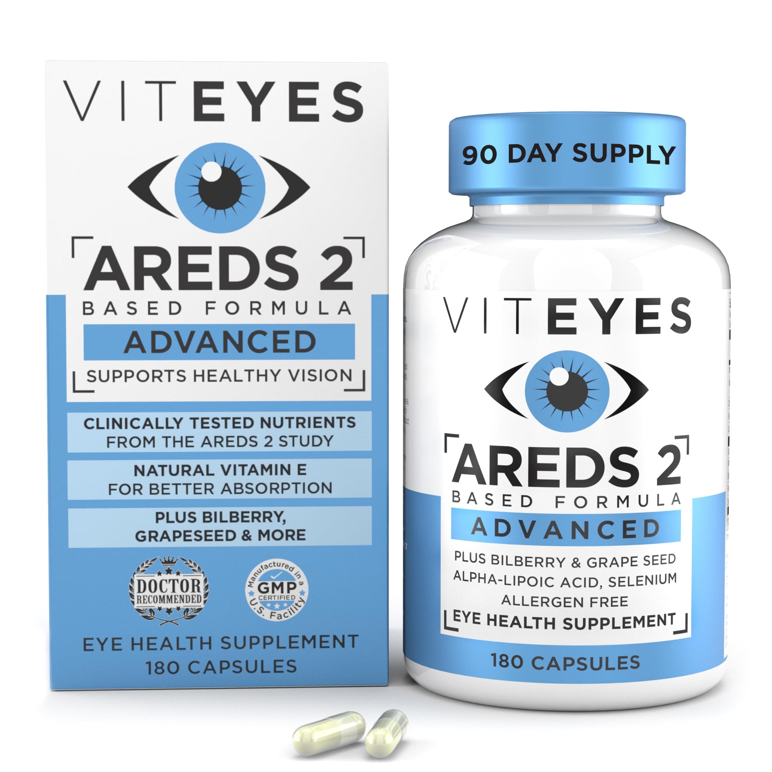 AREDS 2 Advanced Eye Vitamins, Macular Support with Bilberry, grapeseed, FLORAGLO Lutein, Selenium, Natural Vitamin E, Allergen Free, Vision Protection, Eye Doctor Trusted, 180 Count