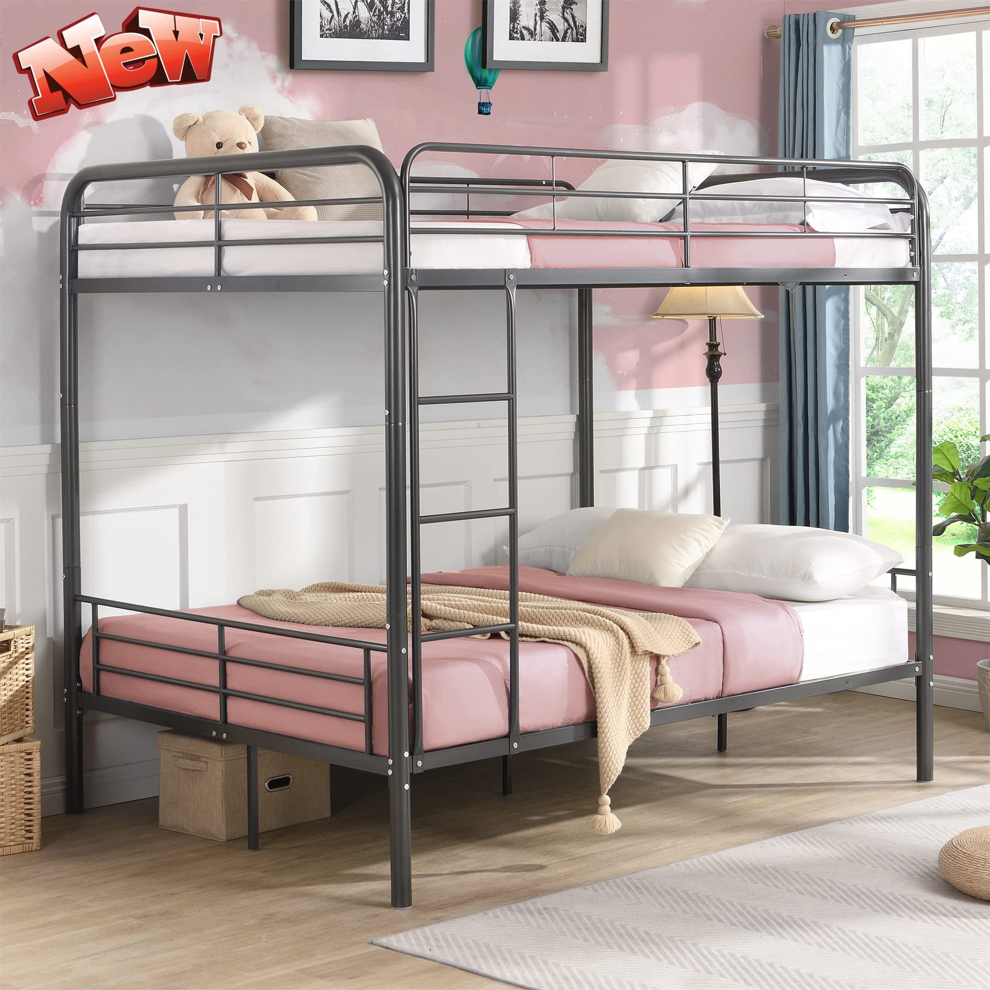 Movdevy Heavy Duty Full Over Full Bunk Beds, Metal Bunk Beds Full Over Full Size for Kids Boys Girls Teens Adults, Can Be Converted to 2 Beds, No Box Spring Needed, Easy to Assemble (Gunmetal)