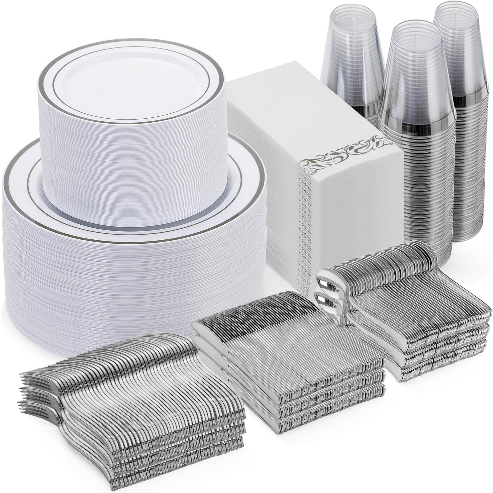 Goodluck 700 Pieces Silver Dinnerware Set for 100 Guests, Disposable Plastic Plates for Party, Include: 100 Dinner Plates, 100 Dessert Plates, 100 Paper Napkins, 100 Cups, 100 Silverware set